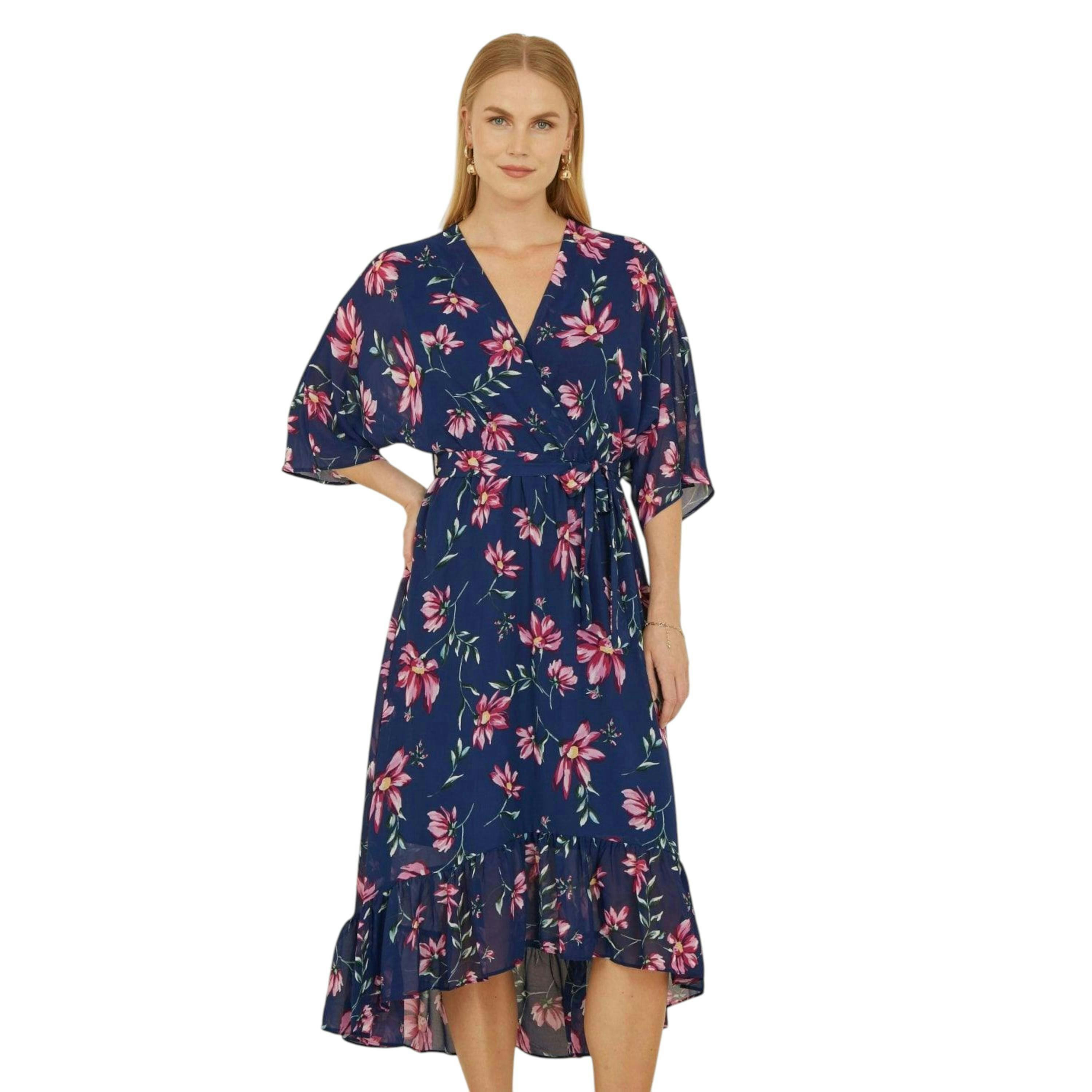 Yumi Navy Floral Kimono Dipped Hem Dress , view 3 of 6
