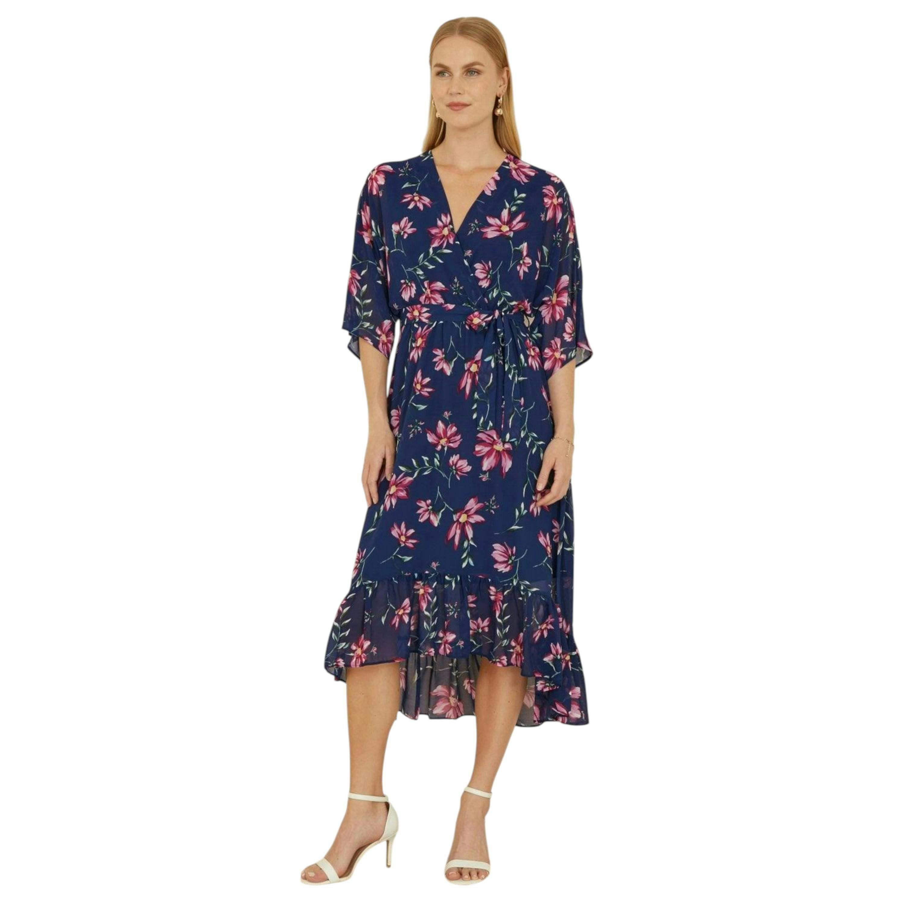Yumi Navy Floral Kimono Dipped Hem Dress , view 4 of 6