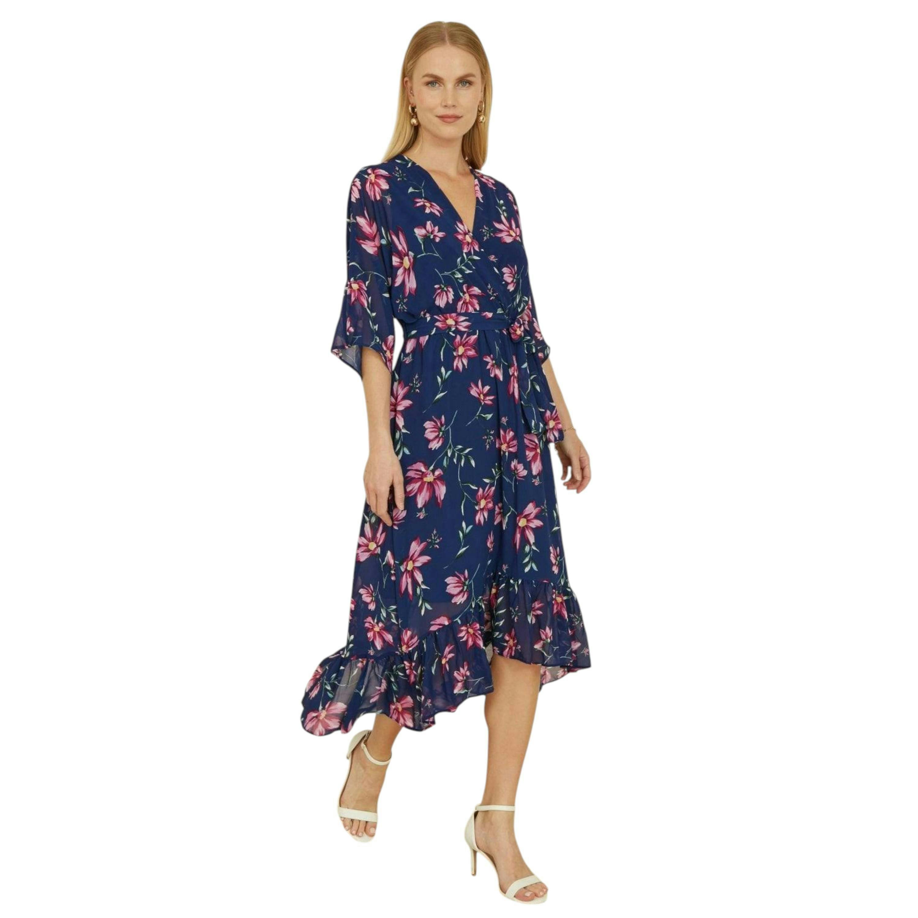 Yumi Navy Floral Kimono Dipped Hem Dress , view 5 of 6