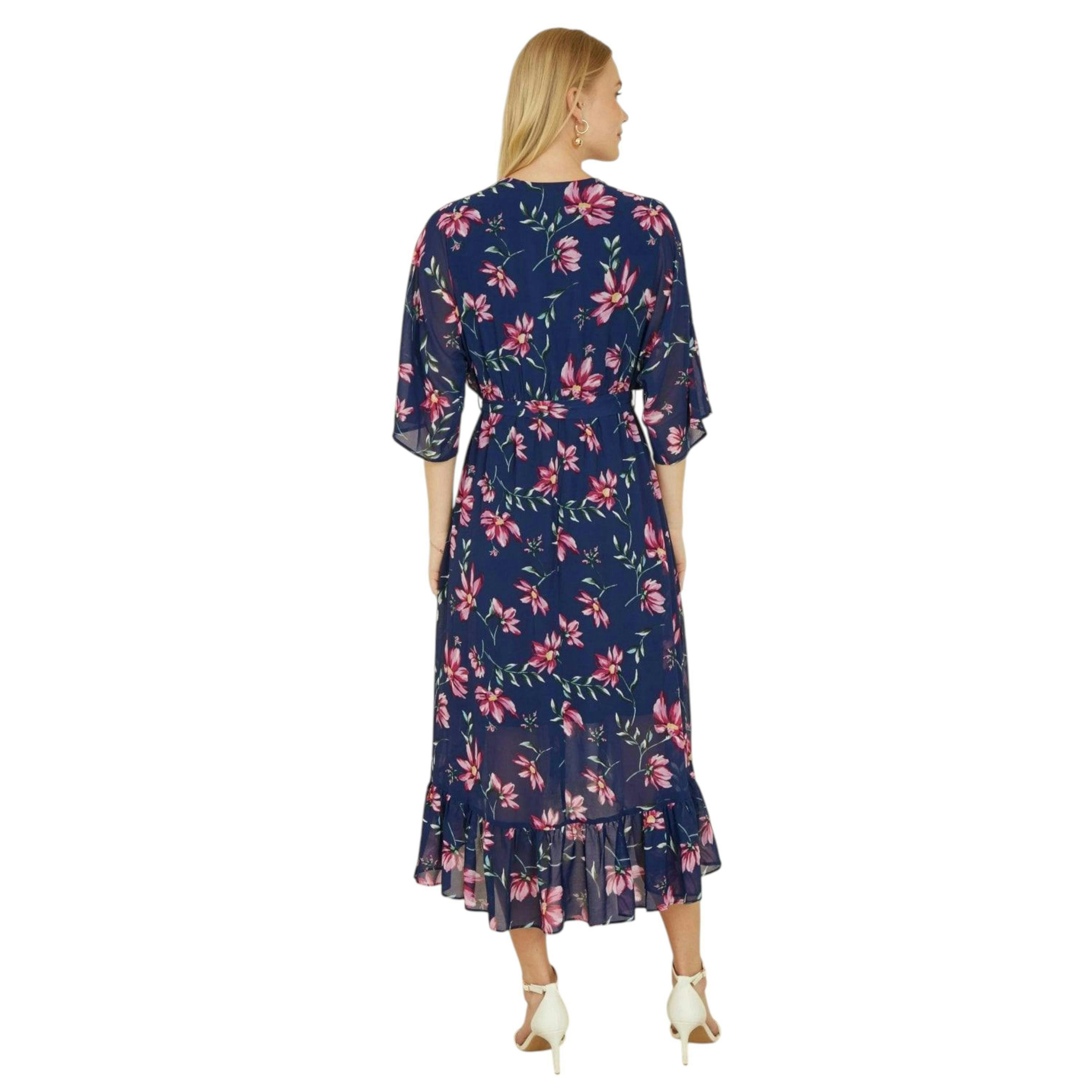 Yumi Navy Floral Kimono Dipped Hem Dress , view 6 of 6