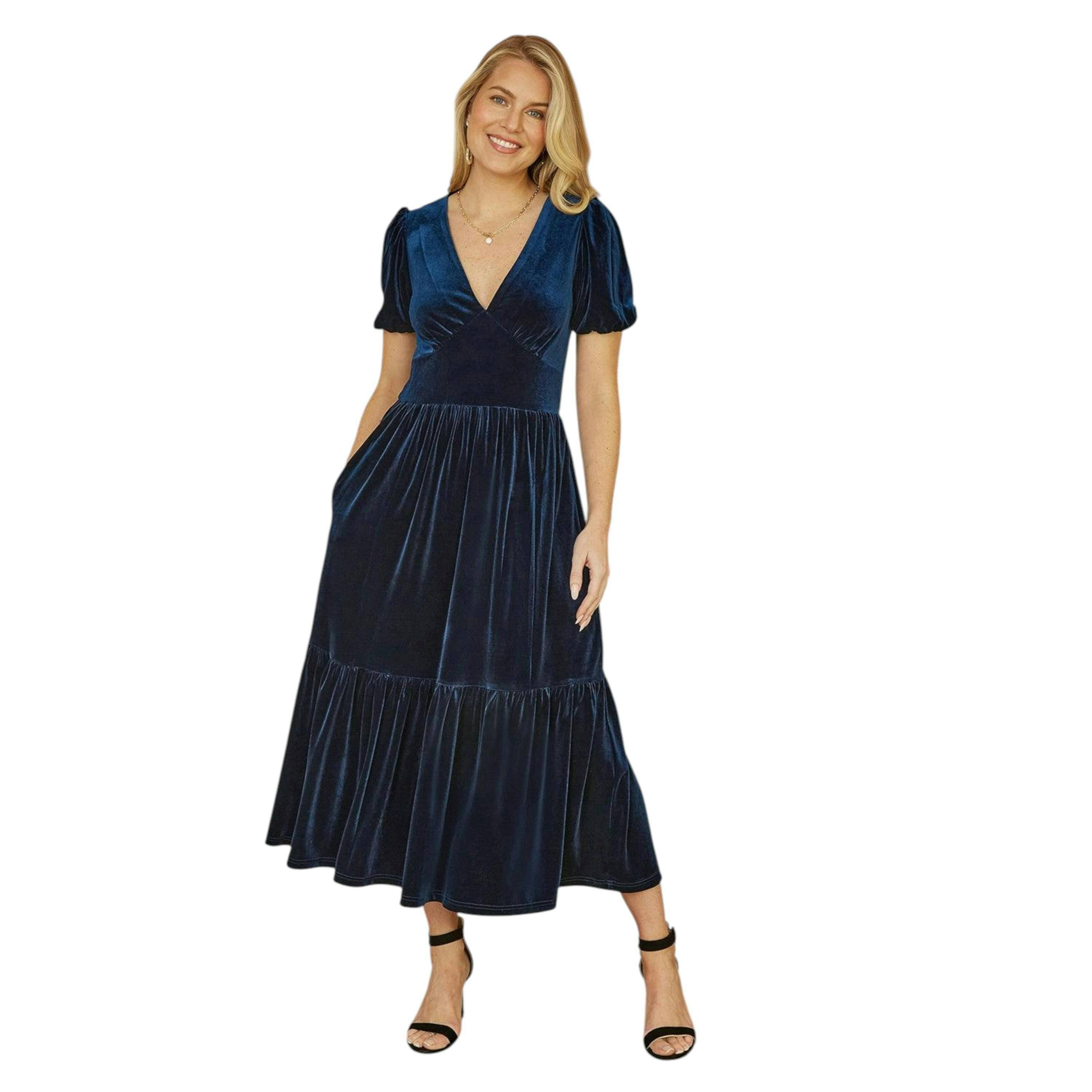 Yumi Navy Velvet Midi Dress , view 2 of 4