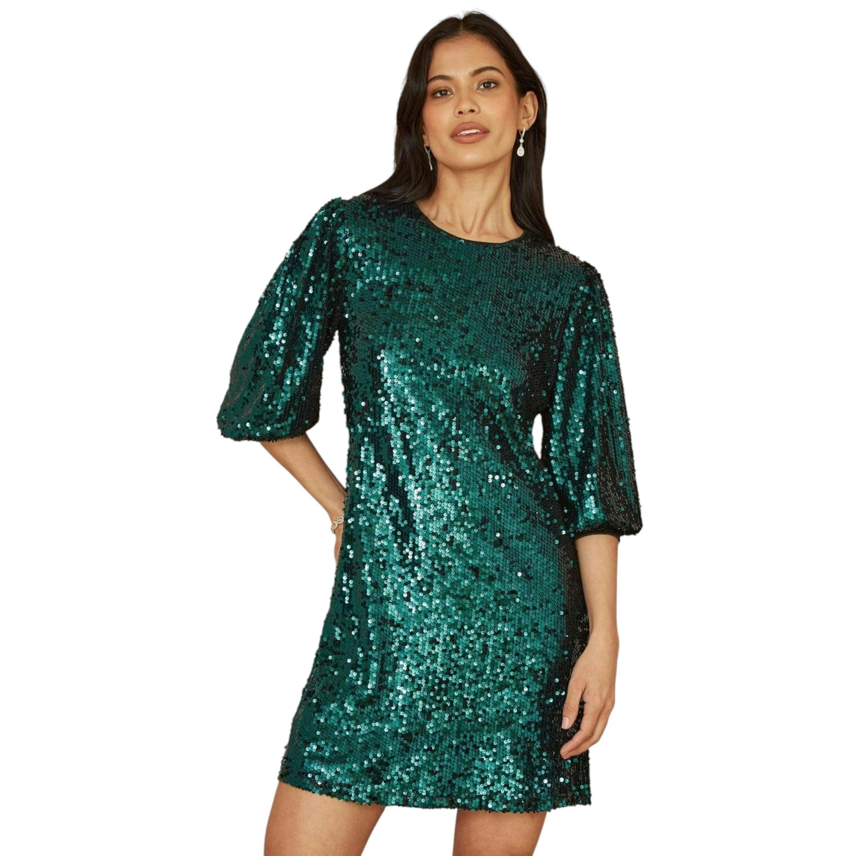 Yumi Green Sequin Tunic Dress With Balloon Sleeves , view 4 of 5