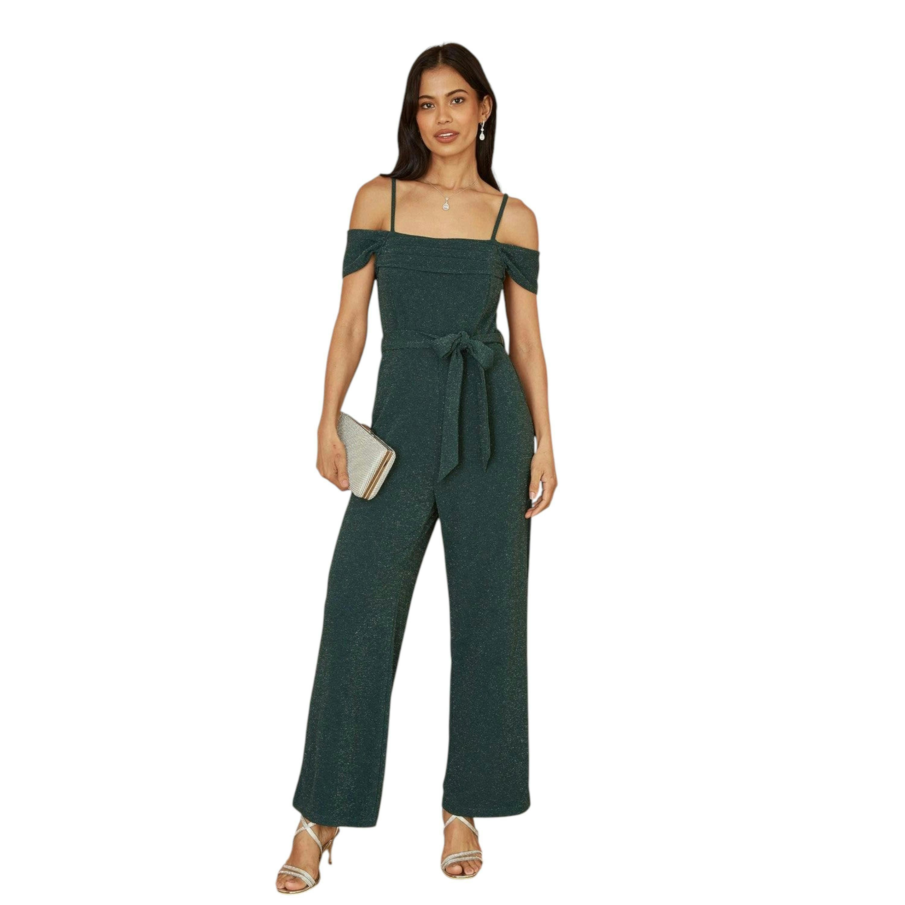 Yumi Green Sparkle Stretch Bardot Jumpsuit , view 2 of 5