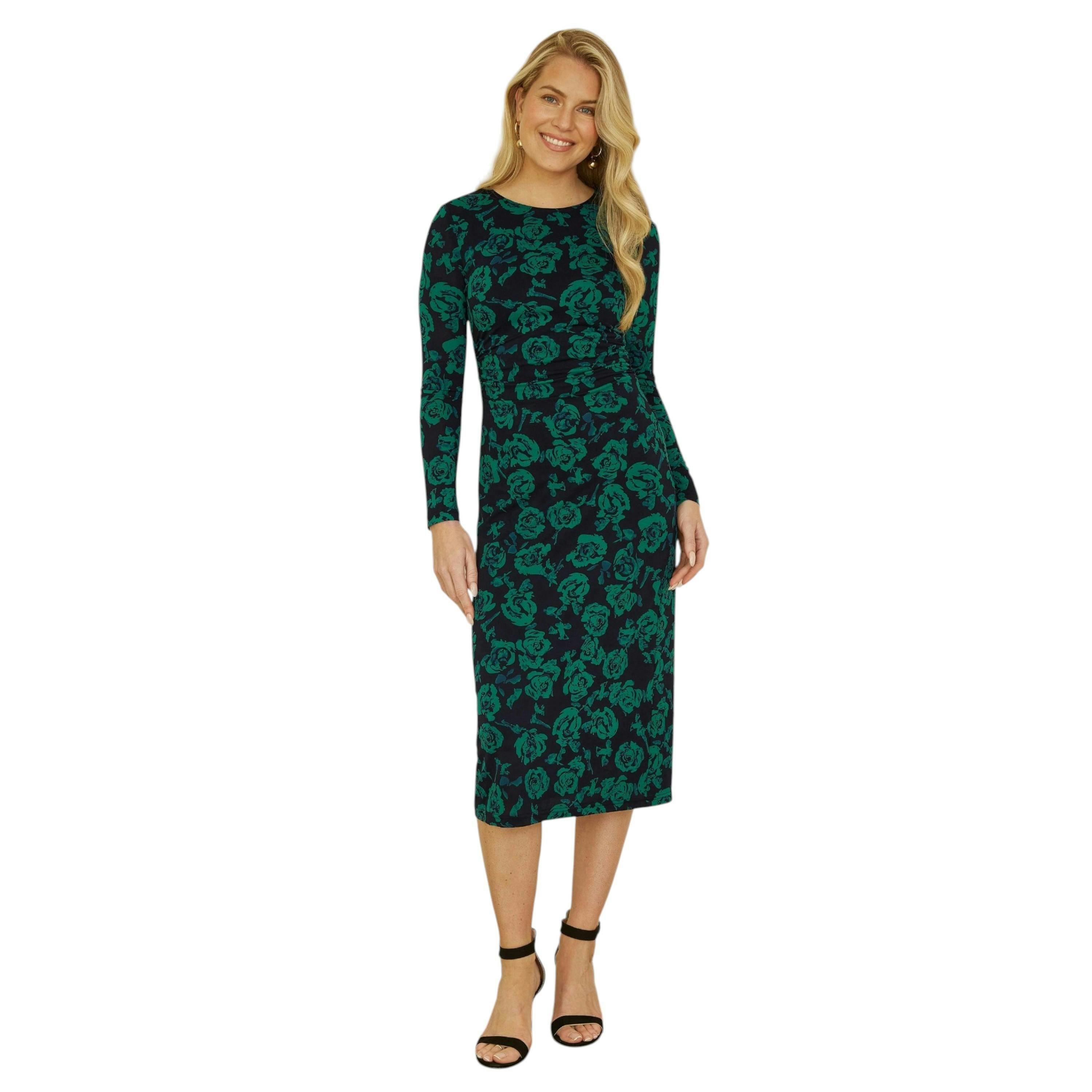 Yumi Green Floral Fitted Mesh Midi Dress With Long Sleeves , view 2 of 4