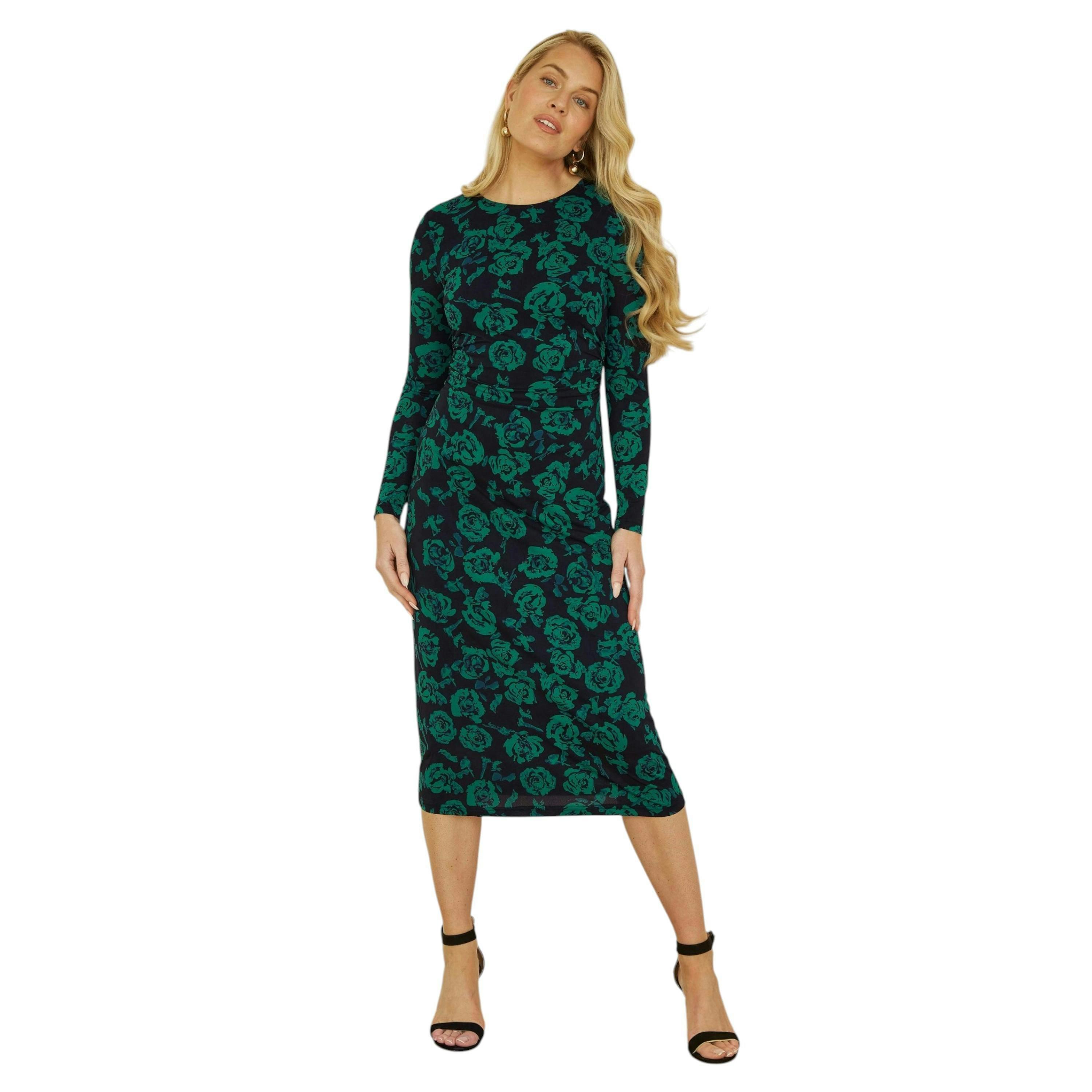 Yumi Green Floral Fitted Mesh Midi Dress With Long Sleeves , view 3 of 4