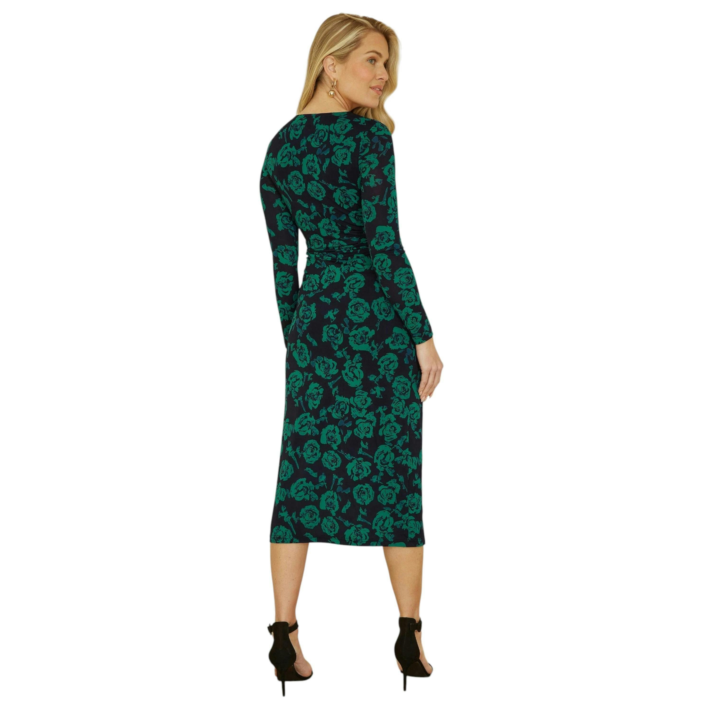 Yumi Green Floral Fitted Mesh Midi Dress With Long Sleeves , view 4 of 4