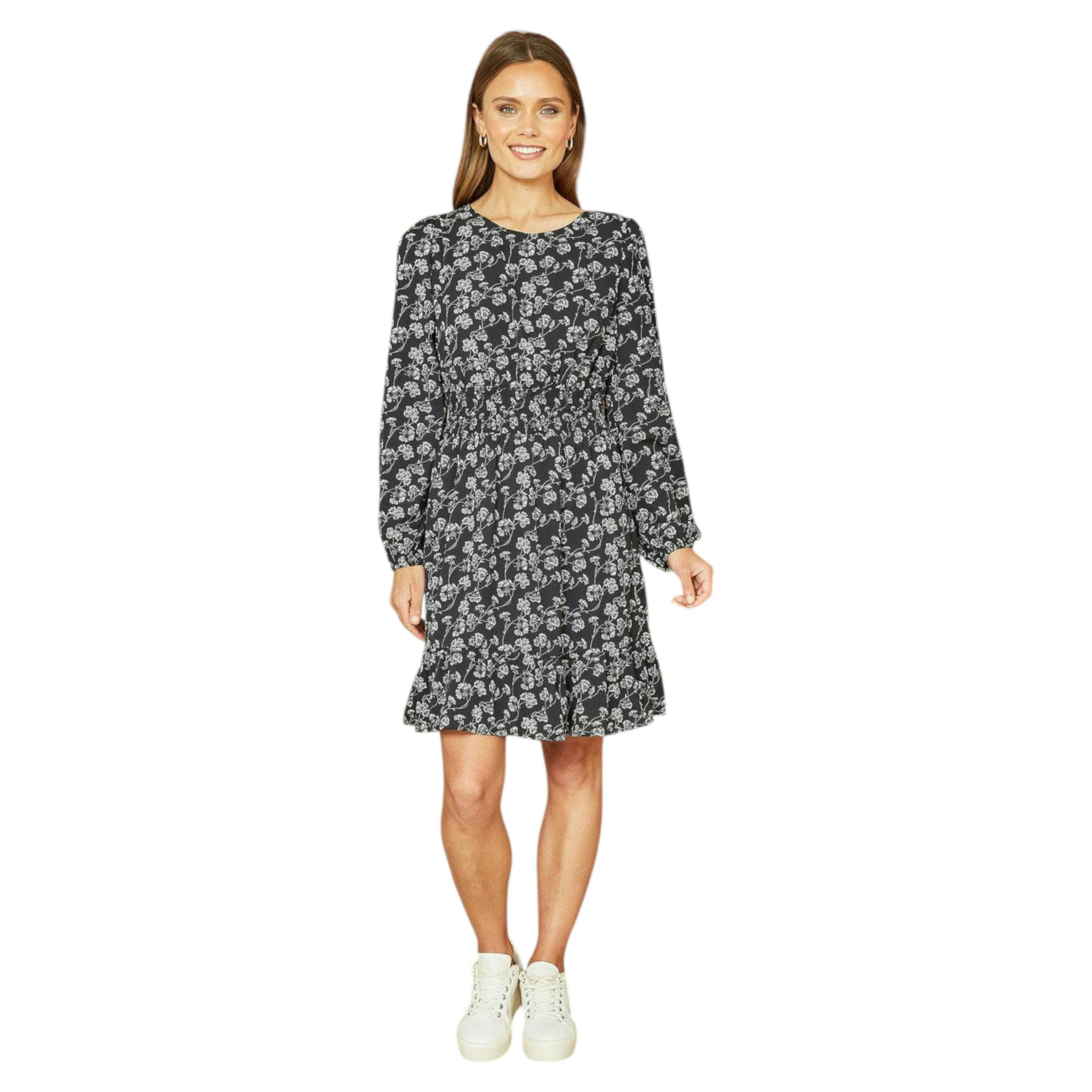 Mela Black Floral Print Ruched Waist Long Sleeve Skater Dress , view 2 of 4