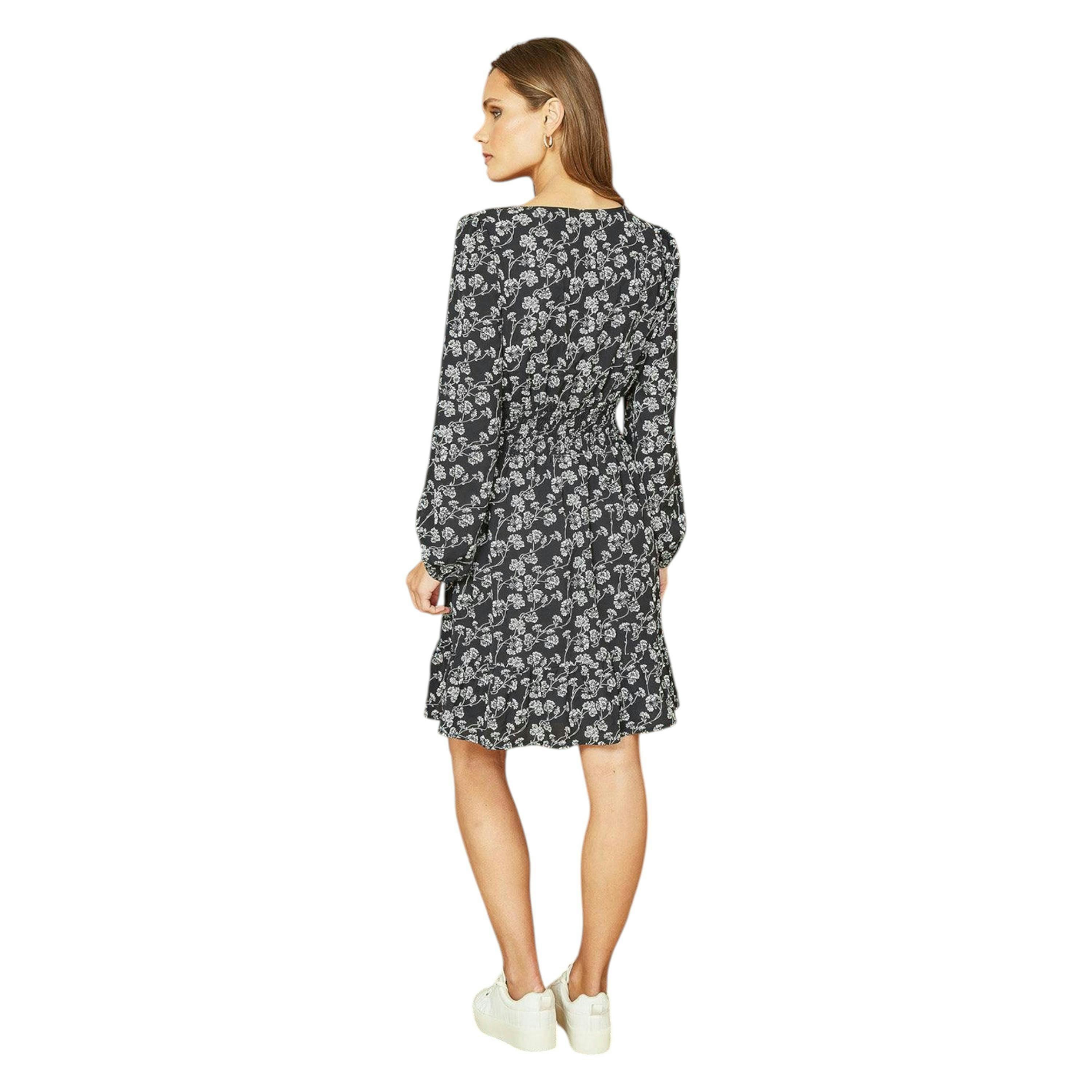 Mela Black Floral Print Ruched Waist Long Sleeve Skater Dress , view 3 of 4