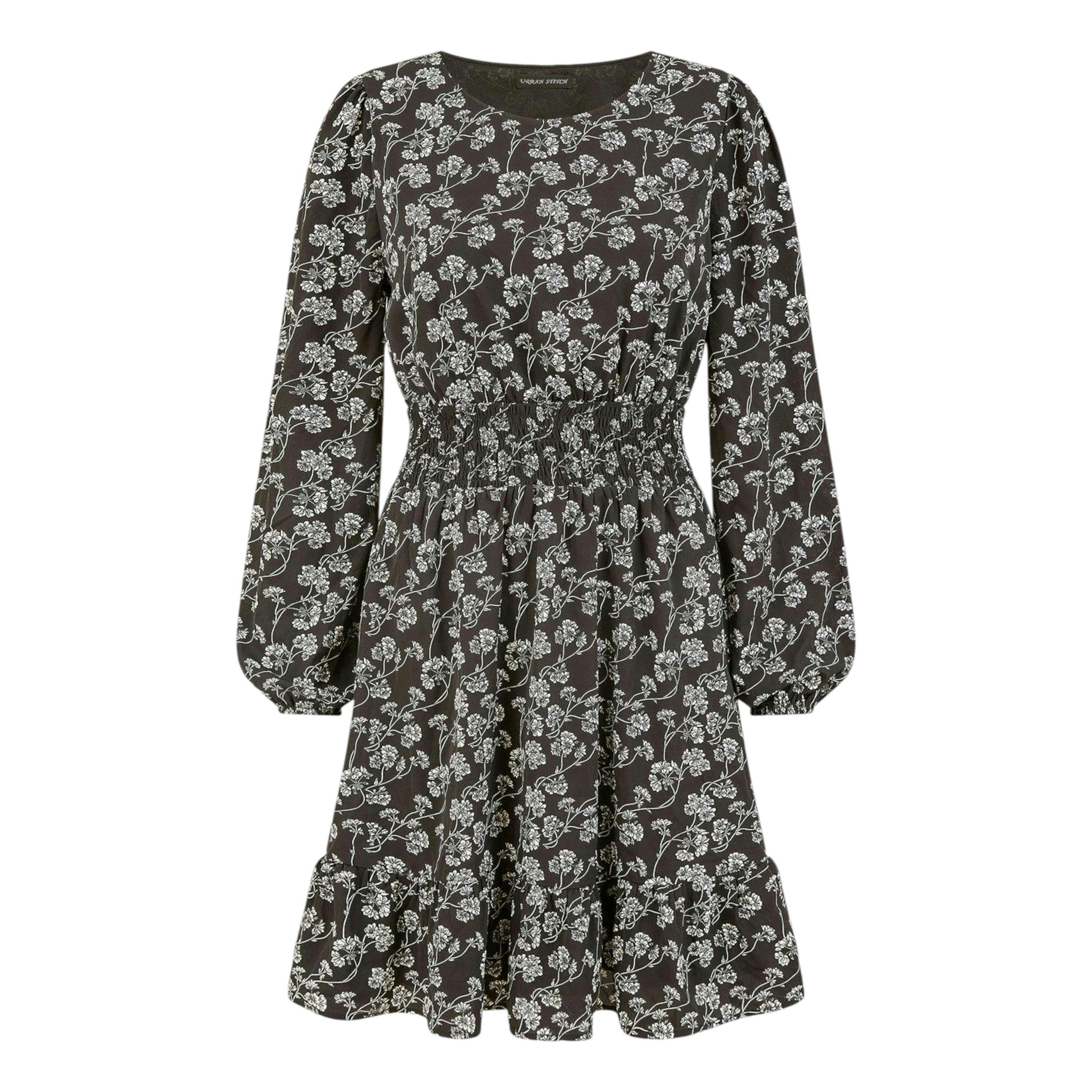 Mela Black Floral Print Ruched Waist Long Sleeve Skater Dress , view 4 of 4