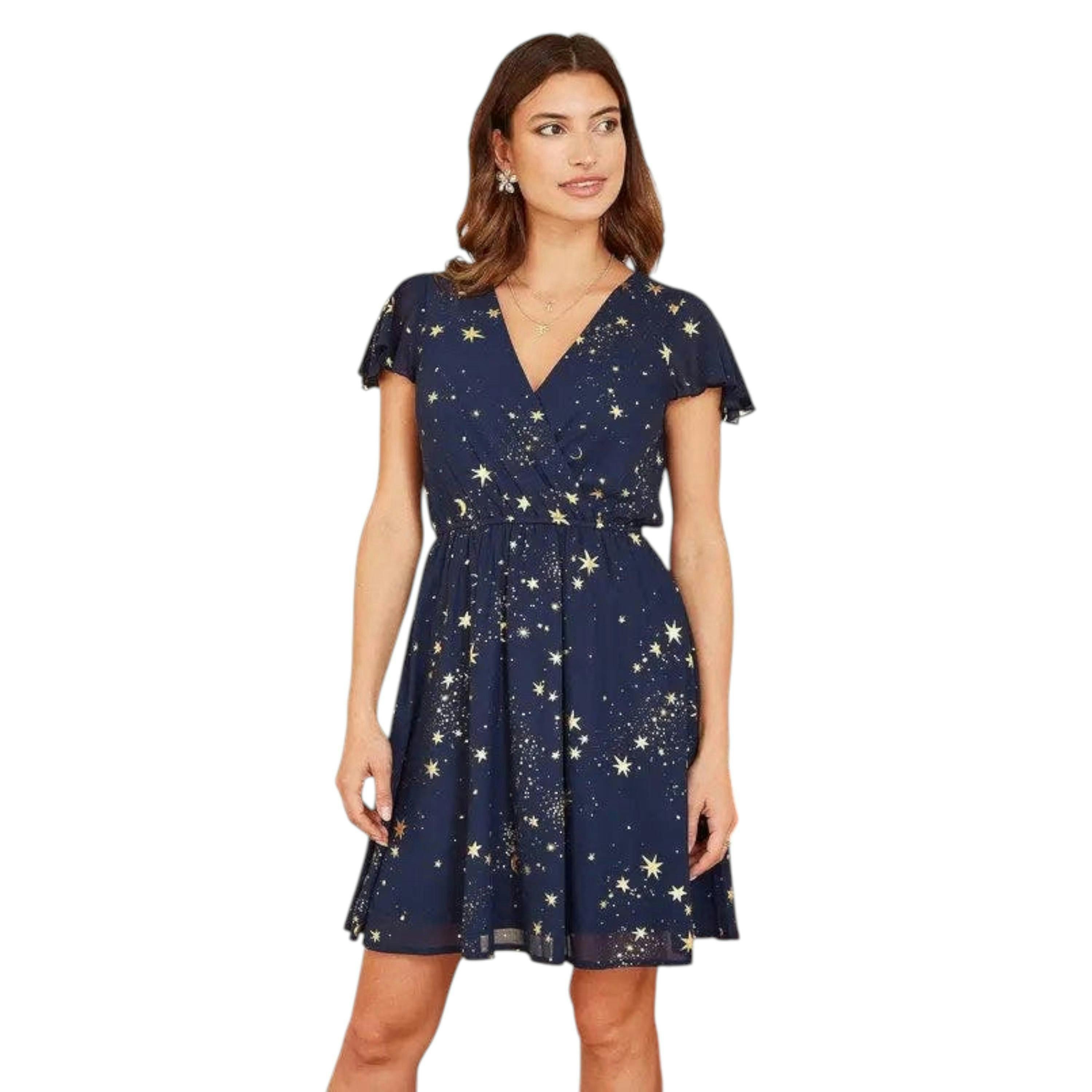 Mela Navy Foil Star Print Wrap Skater Dress , view 2 of 5