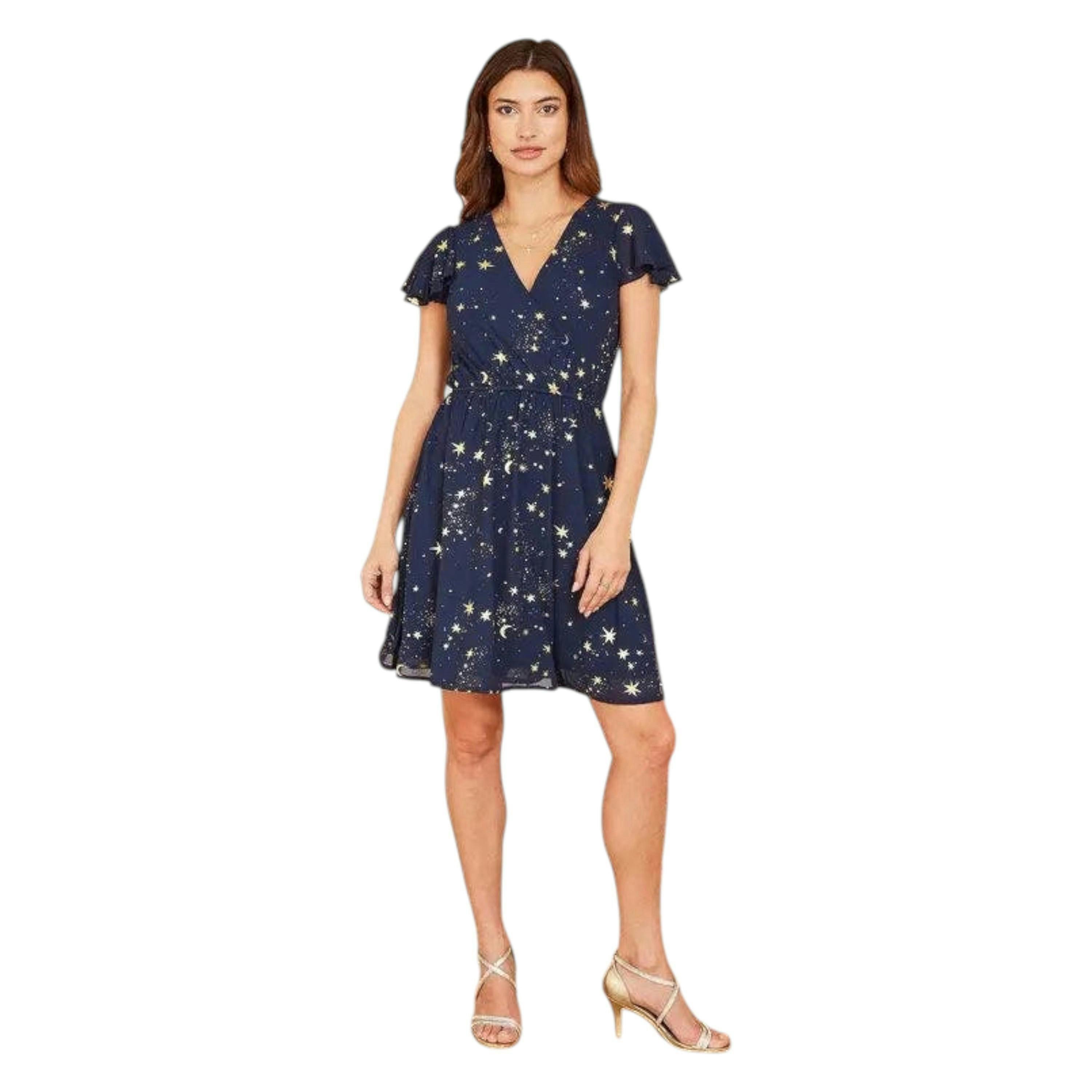 Mela Navy Foil Star Print Wrap Skater Dress , view 3 of 5