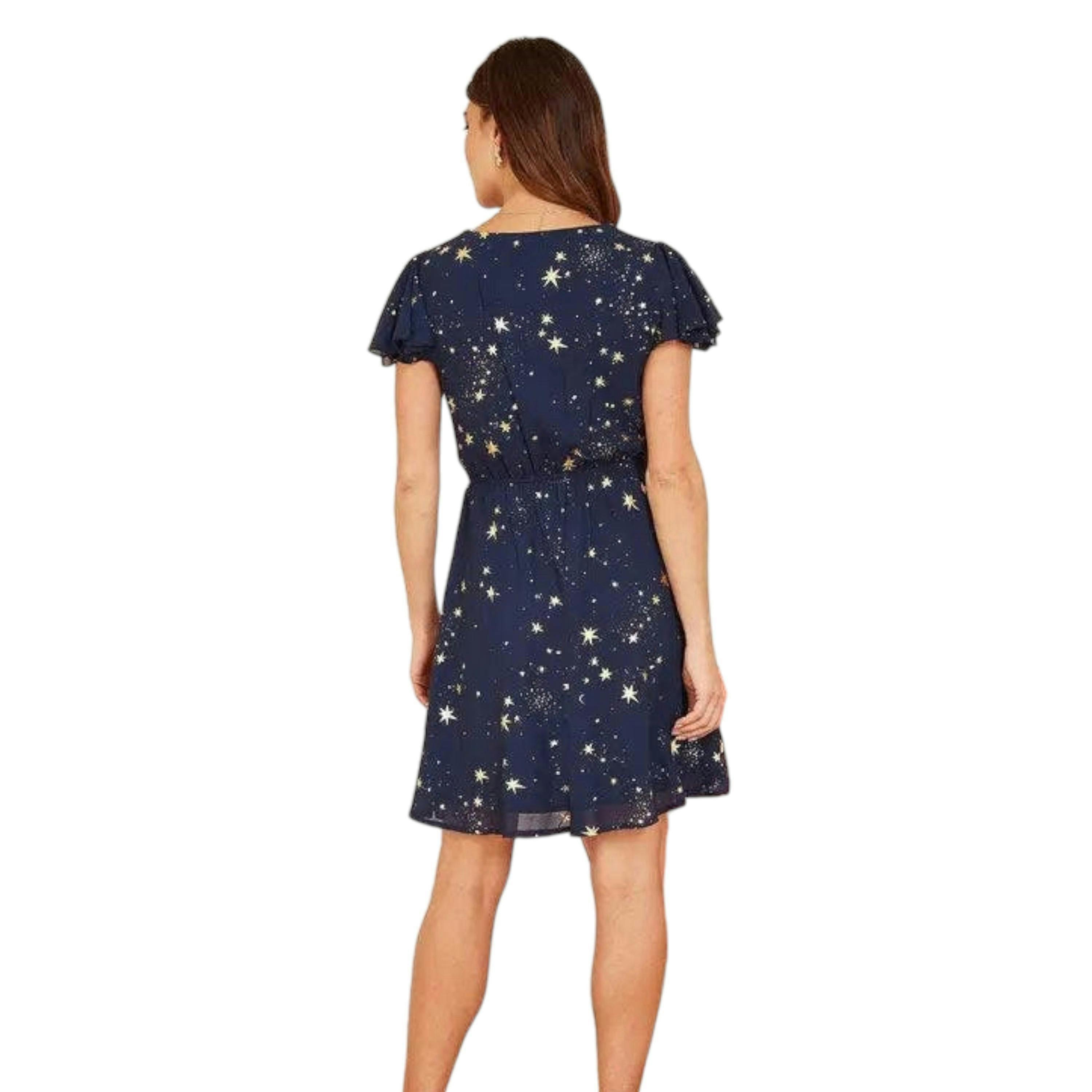 Mela Navy Foil Star Print Wrap Skater Dress , view 4 of 5