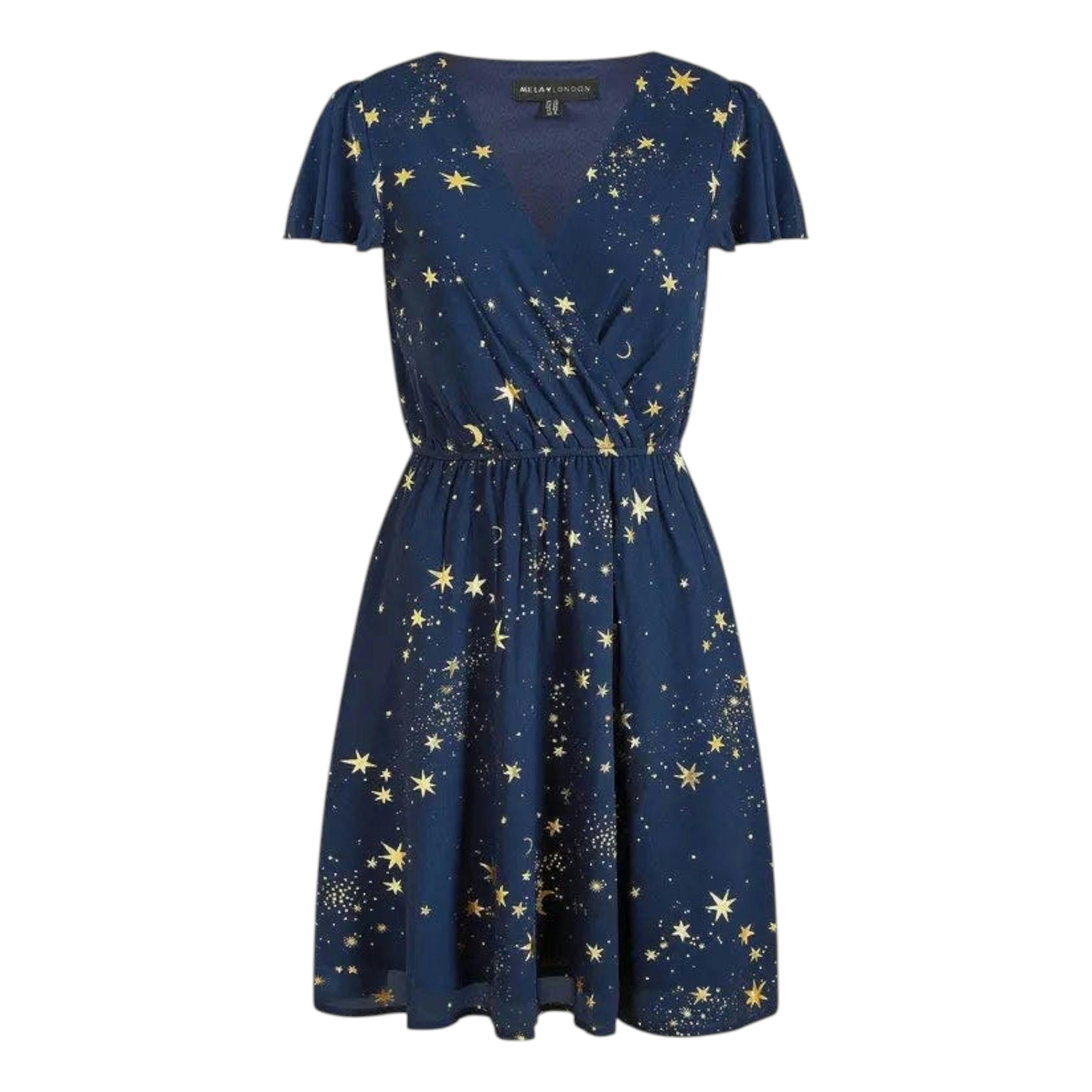Mela Navy Foil Star Print Wrap Skater Dress , view 5 of 5