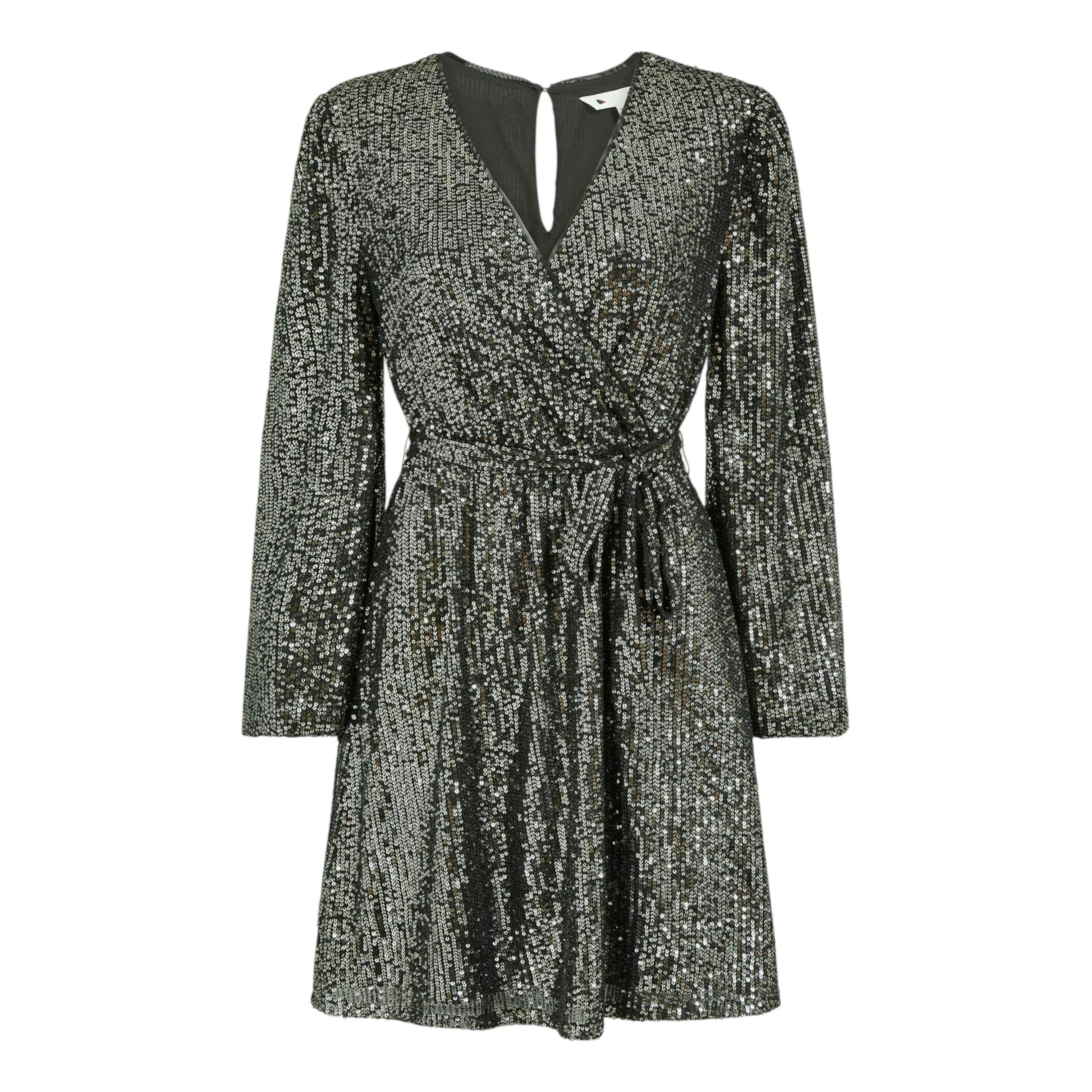 Mela Black Sequin Belted Wrap Long Sleeve Dress , view 6 of 6