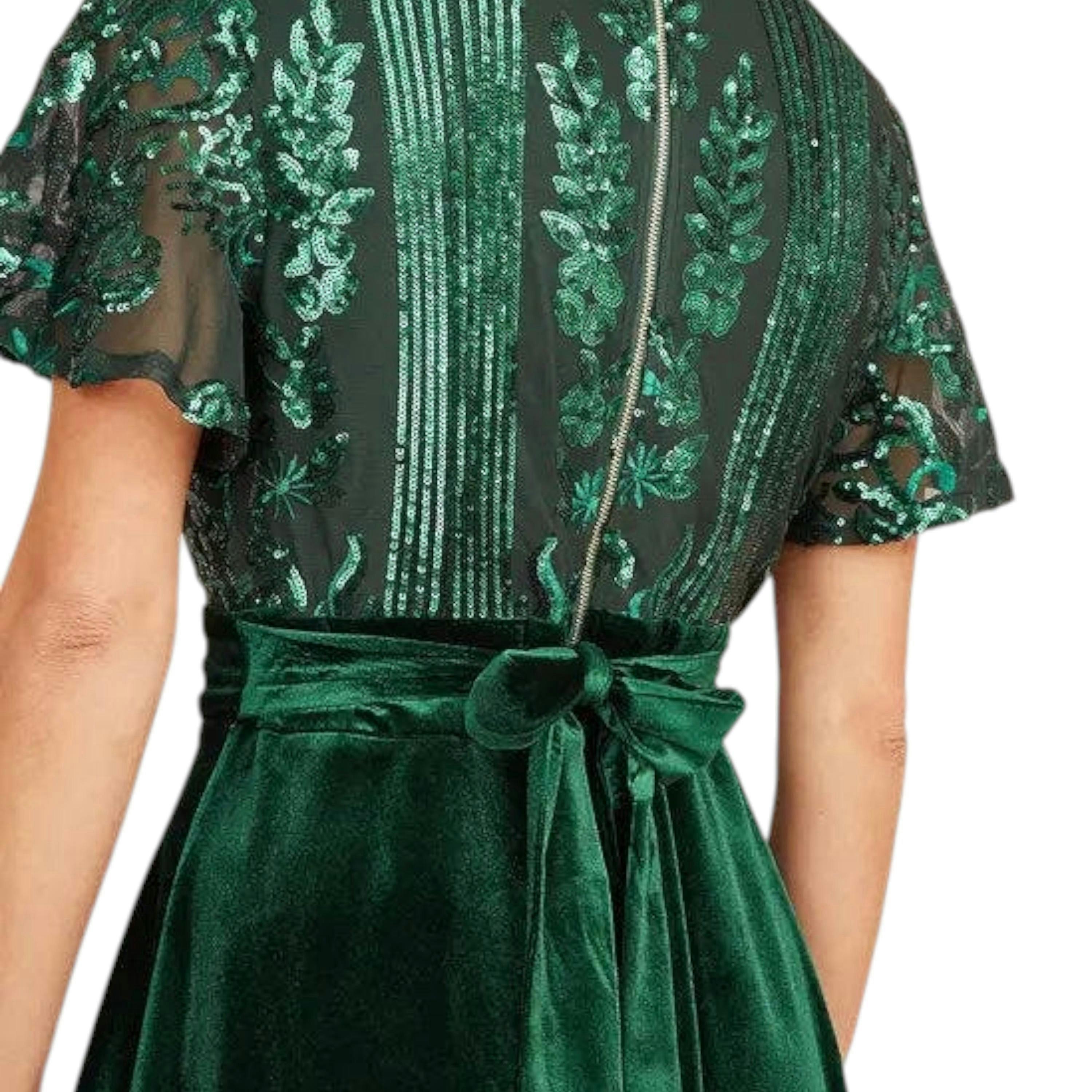 Yumi Green Embellished Velvet Wrap Skater Midi Dress , view 3 of 4
