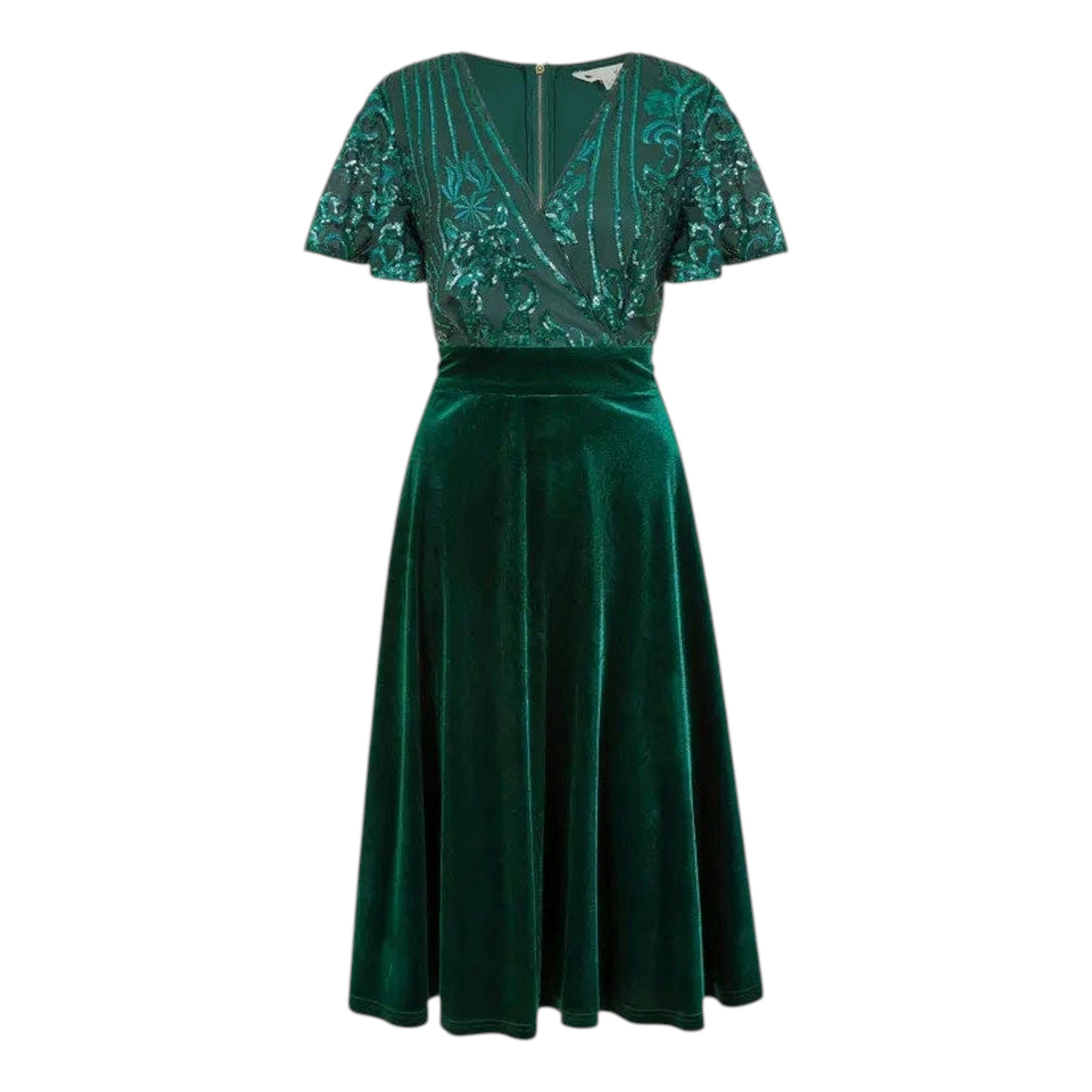 Yumi Green Embellished Velvet Wrap Skater Midi Dress , view 4 of 4
