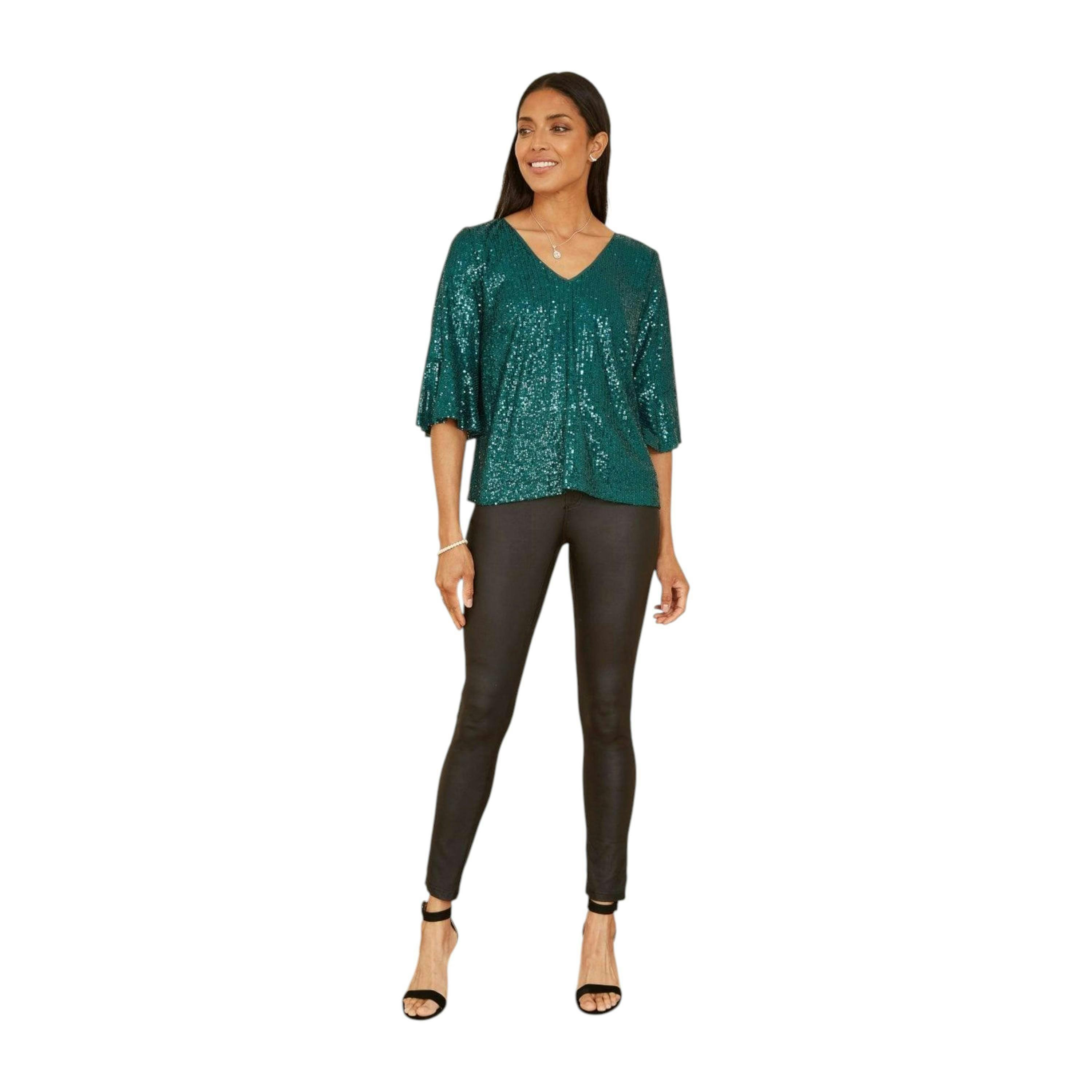 Yumi Green Sequin Top With Fluted Sleeve , view 3 of 6