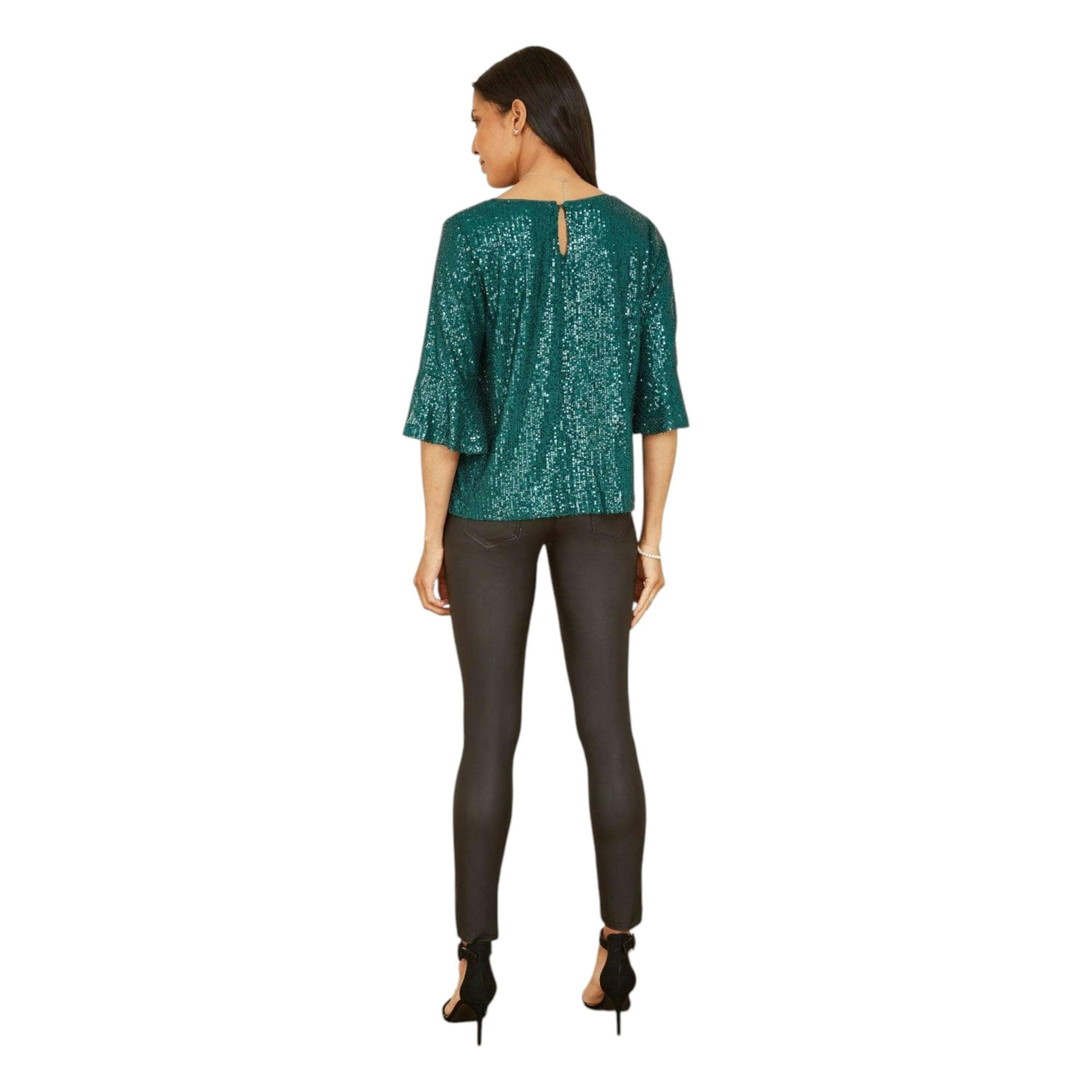Yumi Green Sequin Top With Fluted Sleeve , view 4 of 6