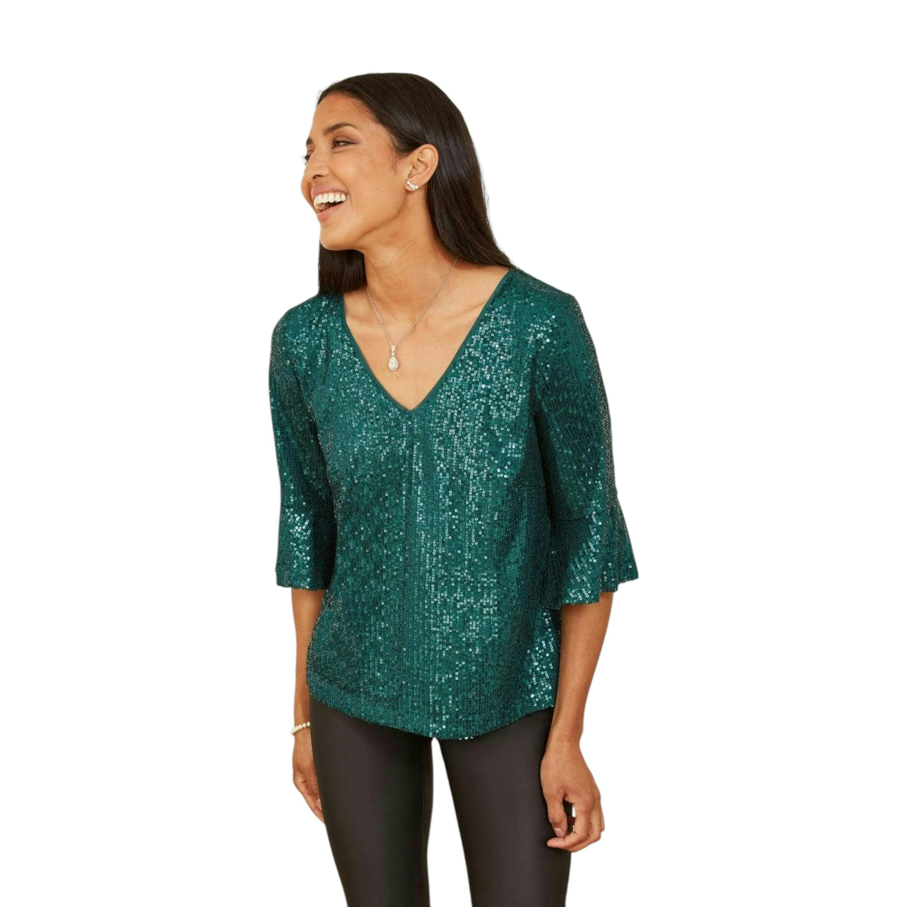 Yumi Green Sequin Top With Fluted Sleeve , view 5 of 6