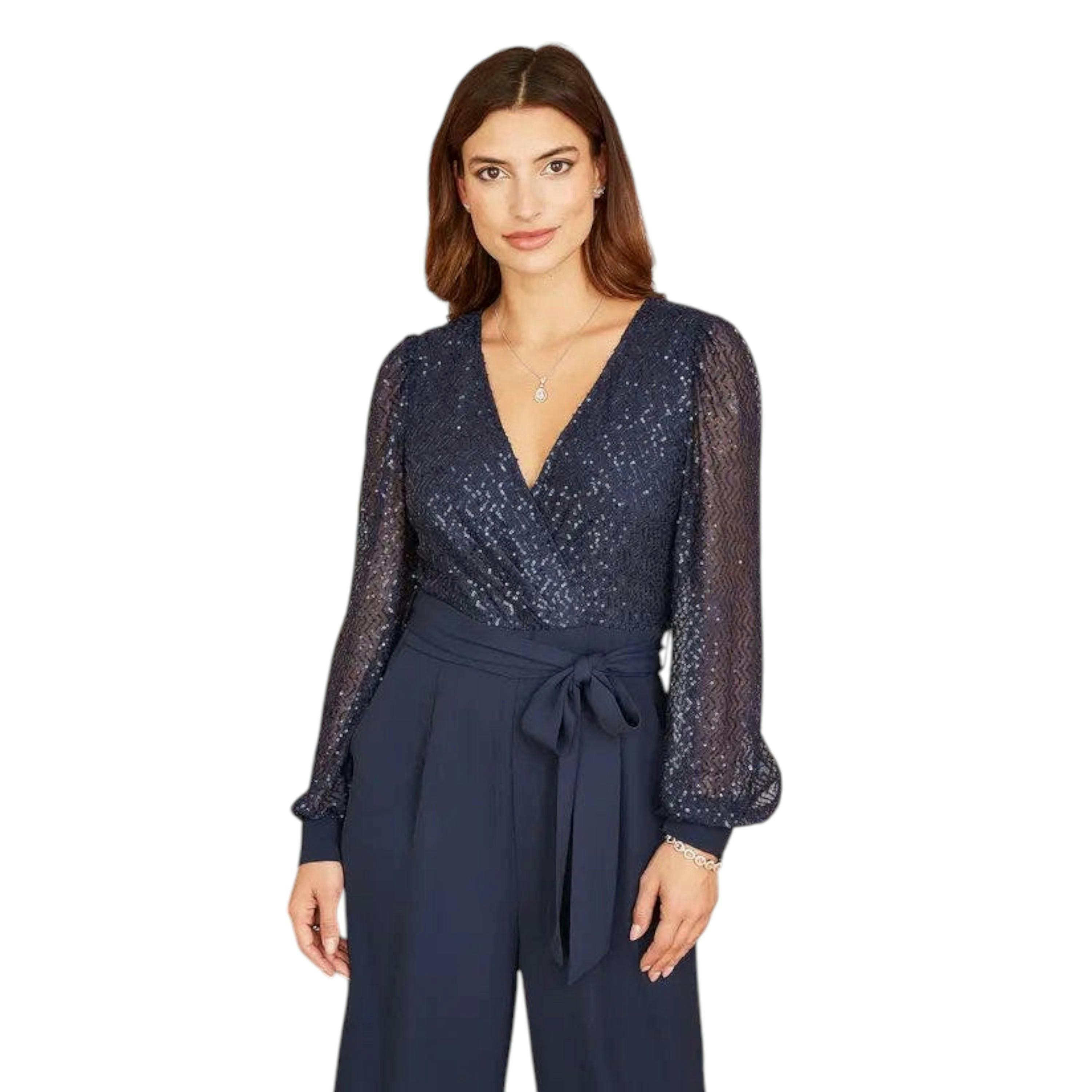 Yumi Navy Sequin Jumpsuit With Long Sleeves , view 2 of 5