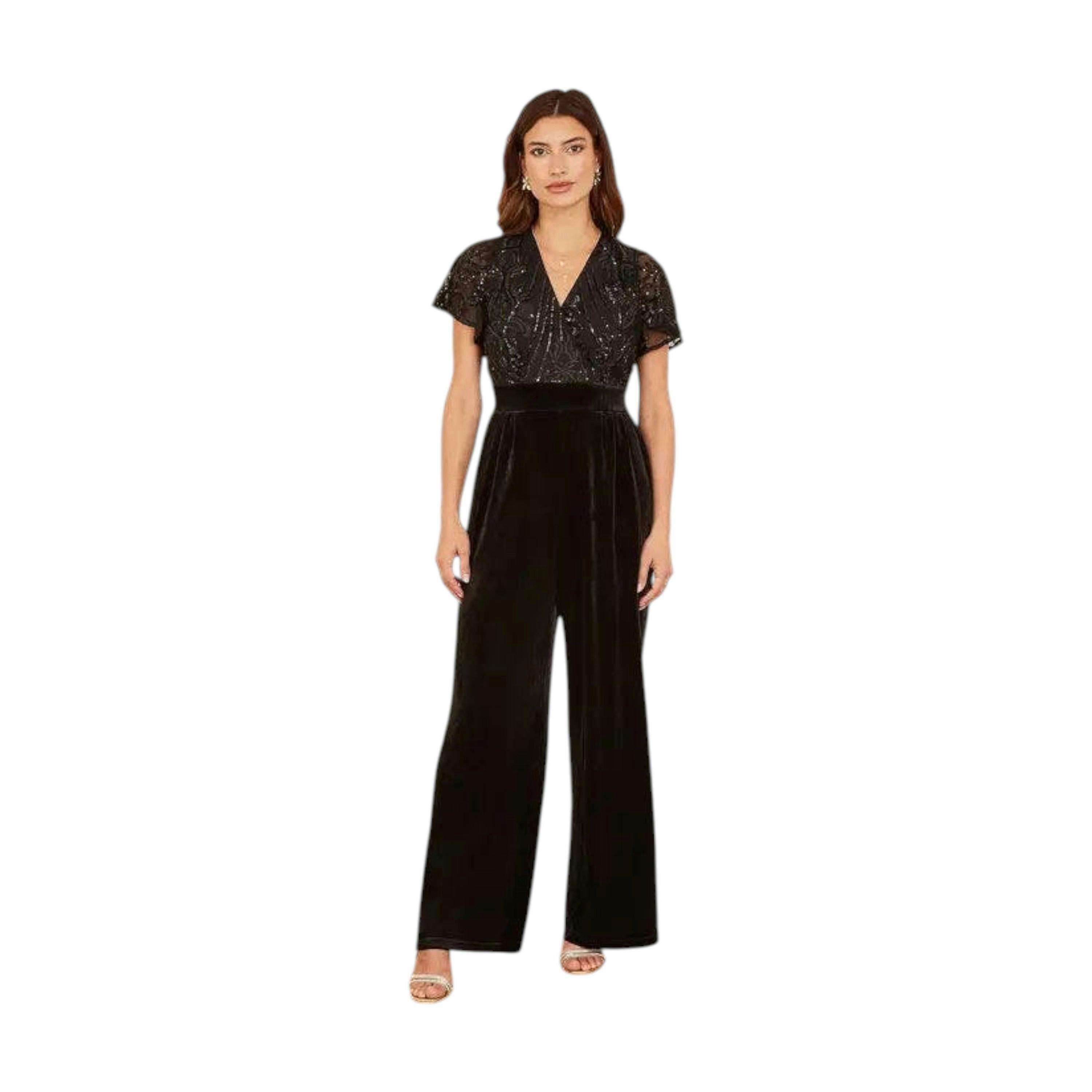 Yumi Black Sequin Embellished Velvet Jumpsuit With Angel Sleeves , view 2 of 3