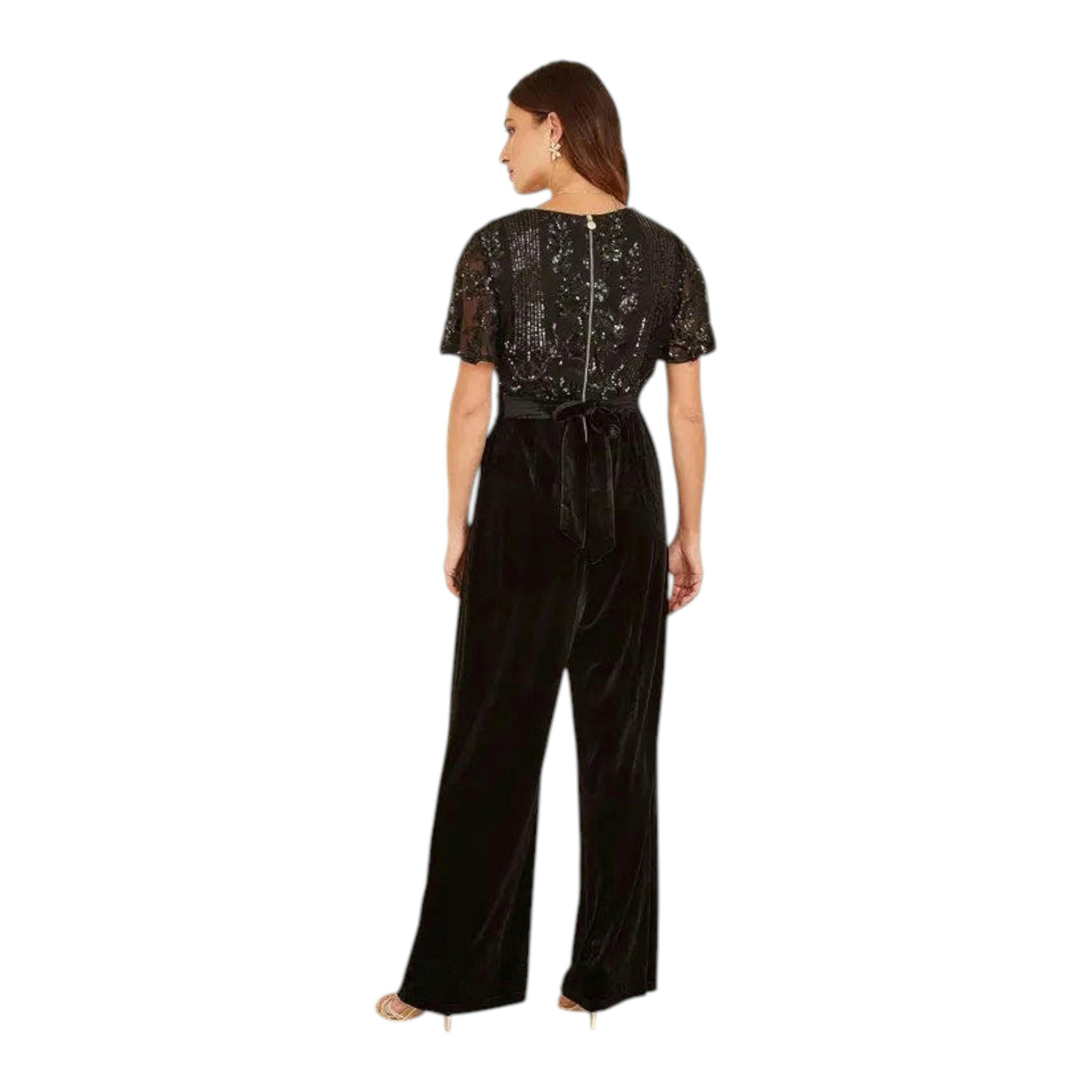 Yumi Black Sequin Embellished Velvet Jumpsuit With Angel Sleeves , view 3 of 3