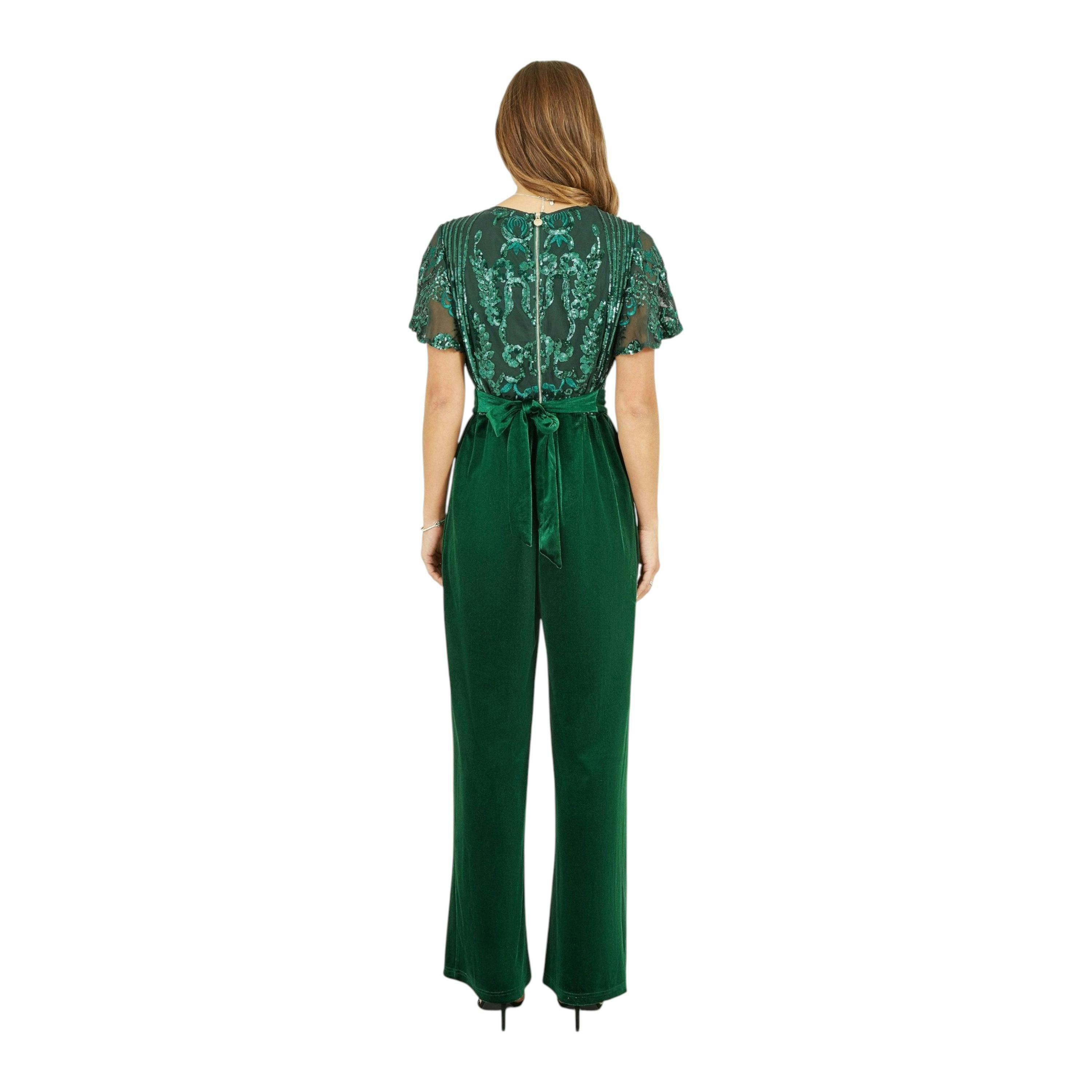 Yumi Green Sequin Embellished Velvet Jumpsuit With Angel Sleeves , view 2 of 2