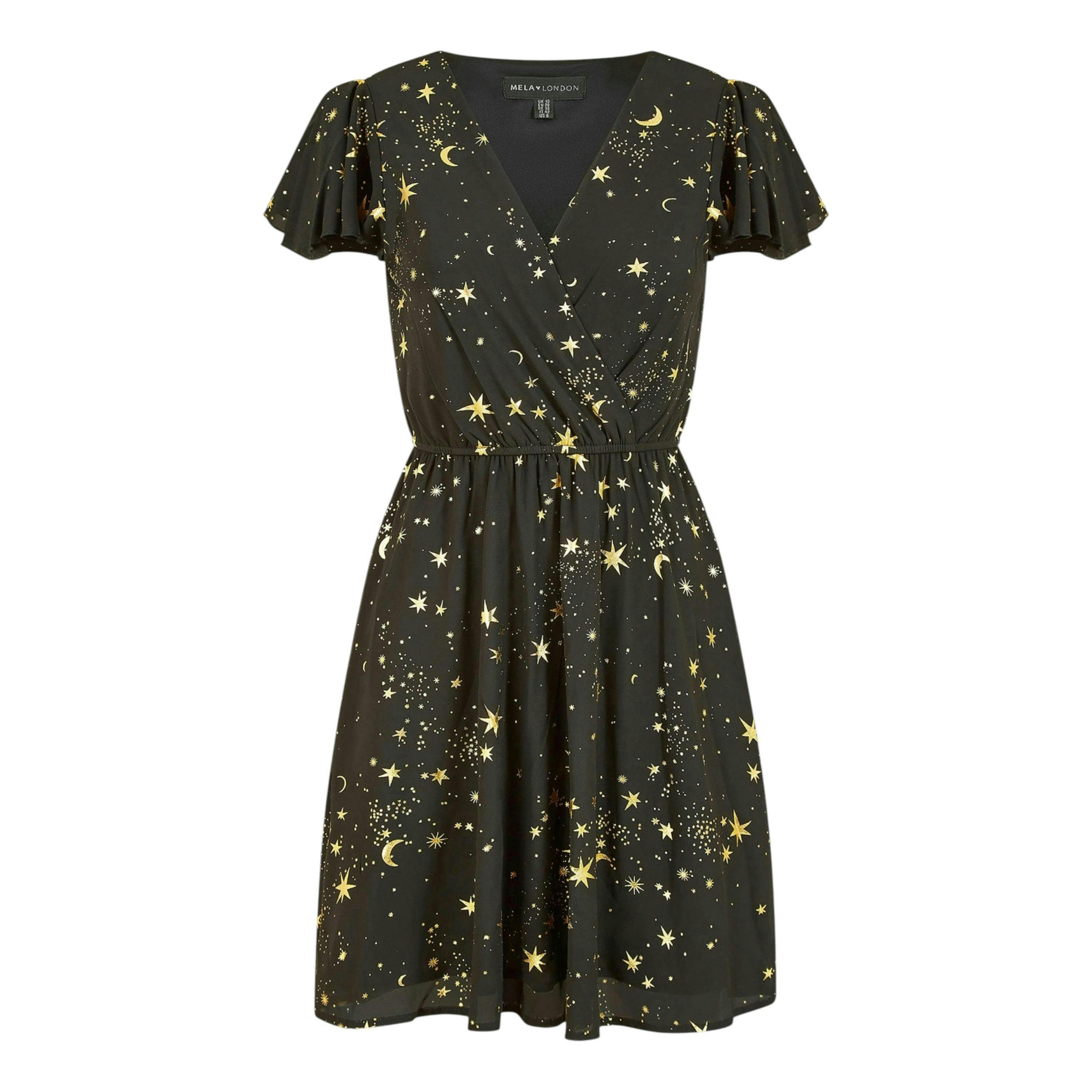 Mela Black Foil Star Print Wrap Skater Dress , view 3 of 4