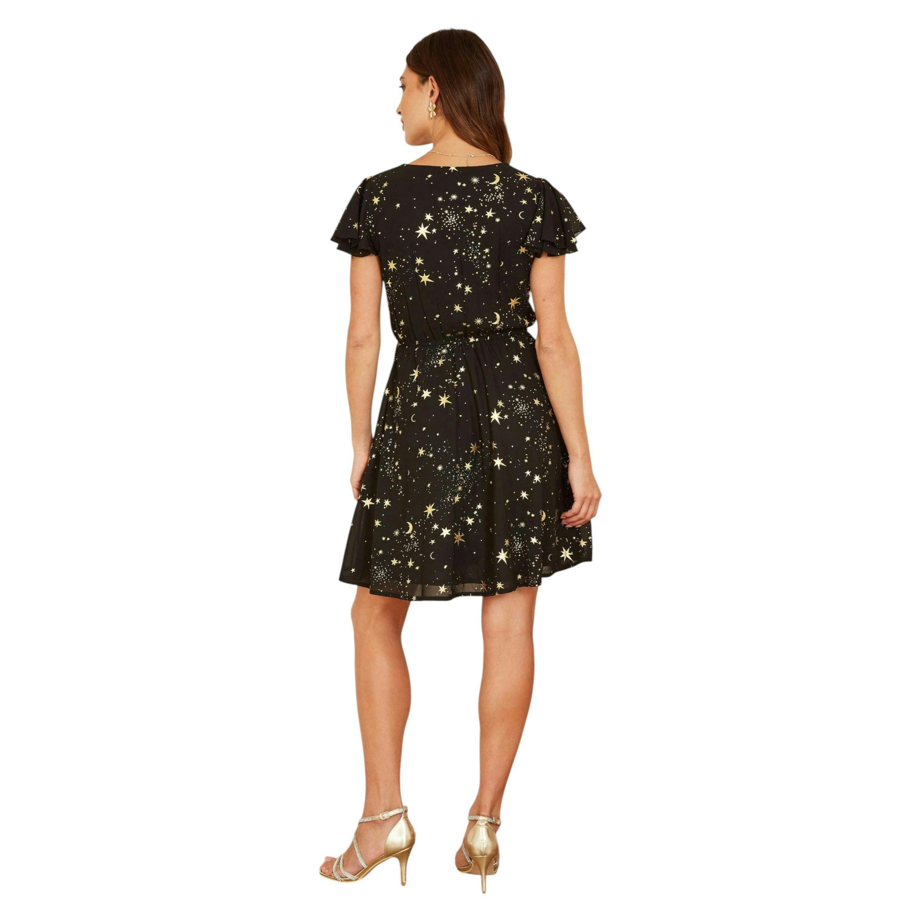Mela Black Foil Star Print Wrap Skater Dress , view 4 of 4
