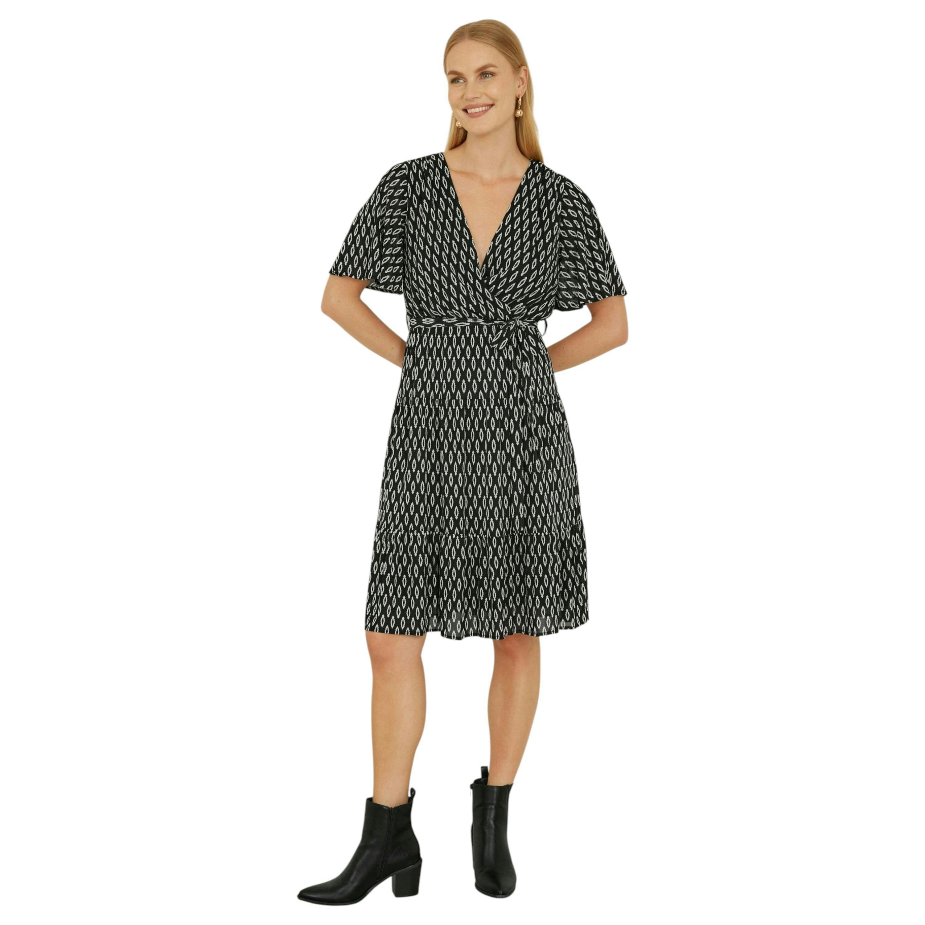 Yumi Black Geo Print Mesh Stretch Midi Skater Dress , view 2 of 3