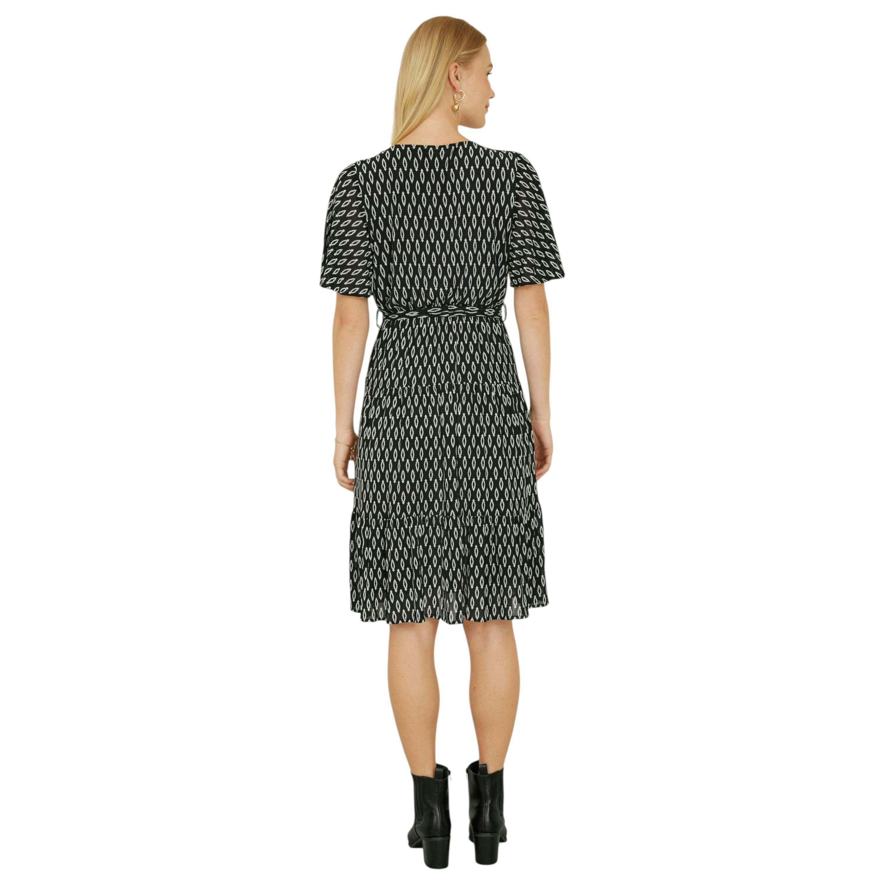 Yumi Black Geo Print Mesh Stretch Midi Skater Dress , view 3 of 3