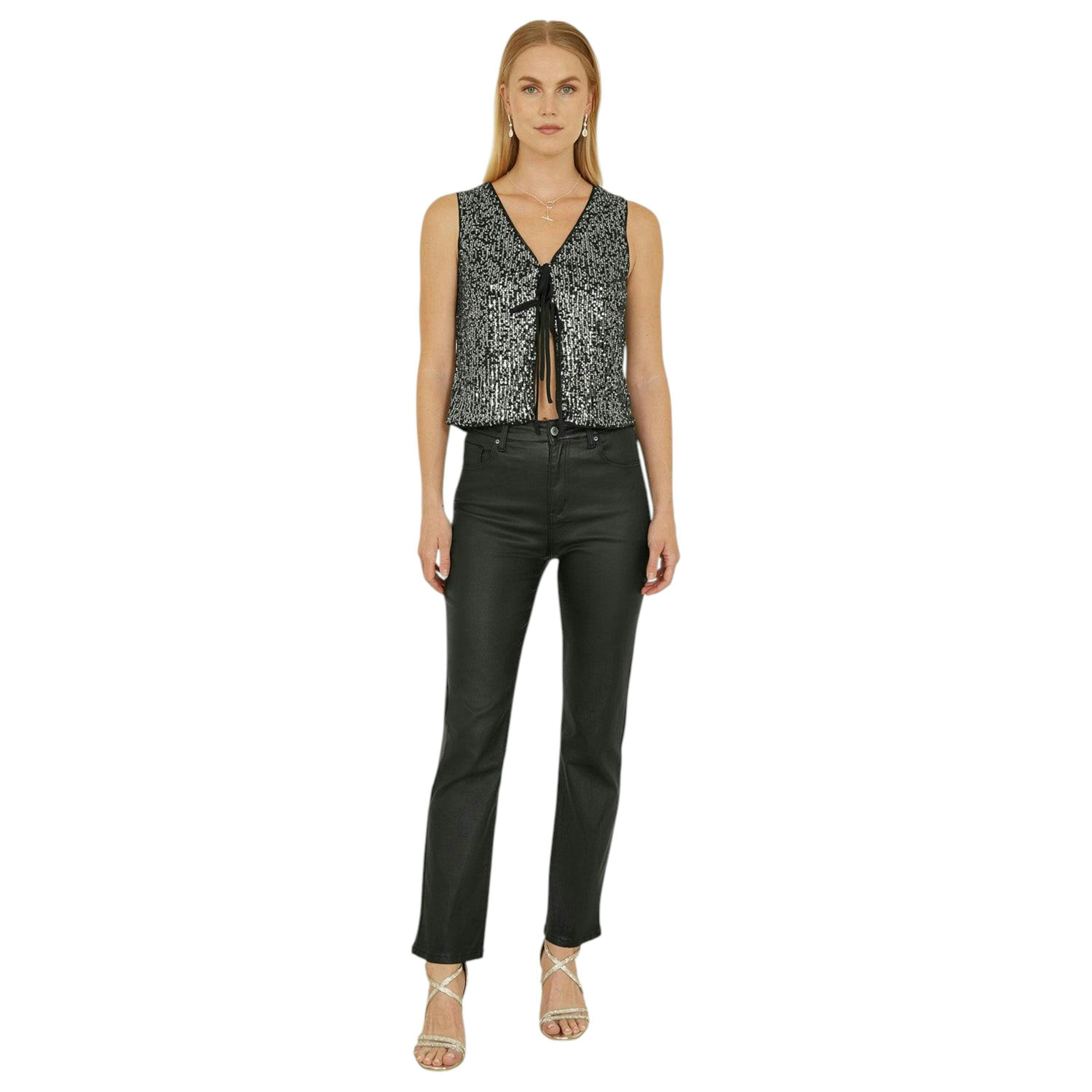 Yumi Black Sequin Tie Front Waistcoat , view 3 of 5