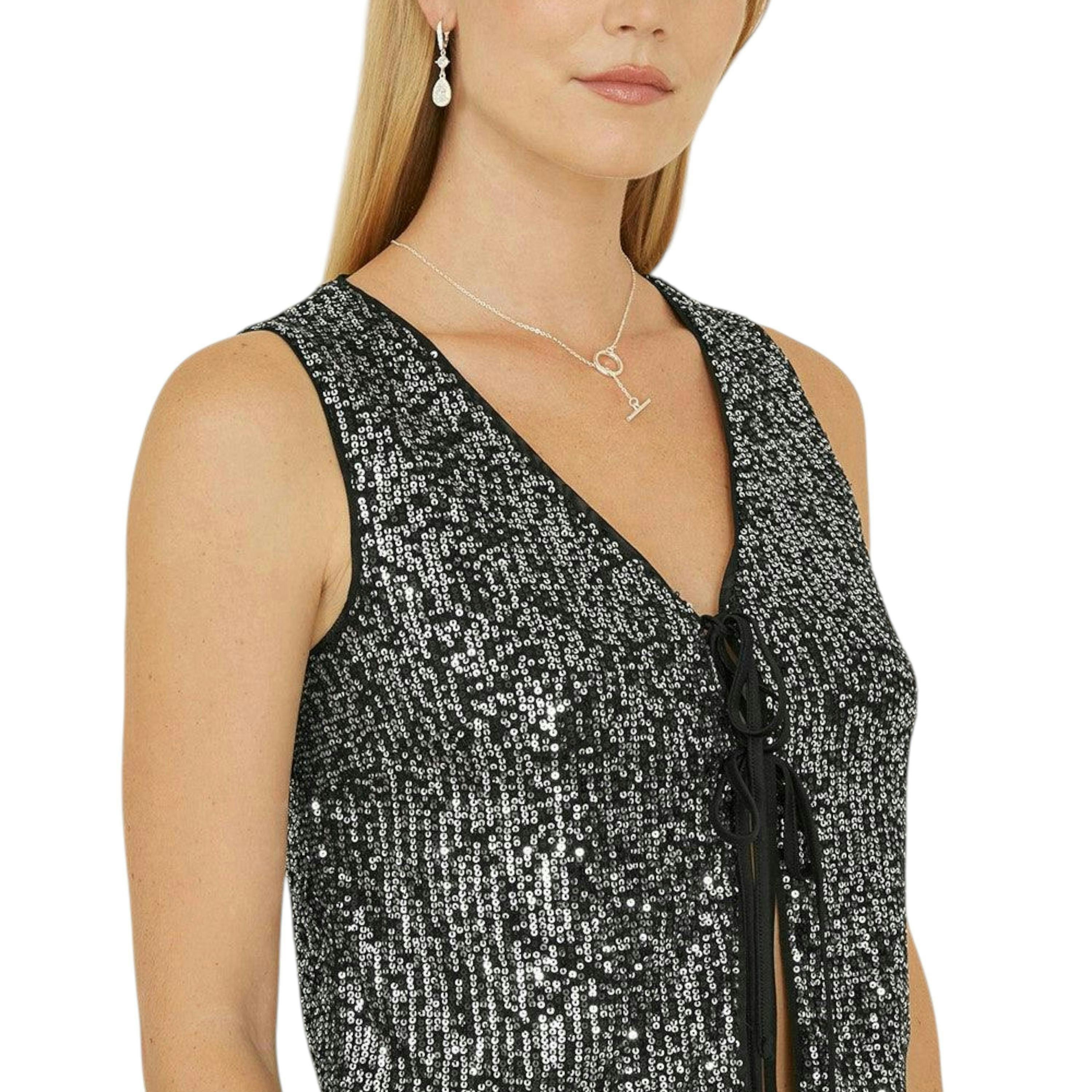 Yumi Black Sequin Tie Front Waistcoat , view 5 of 5