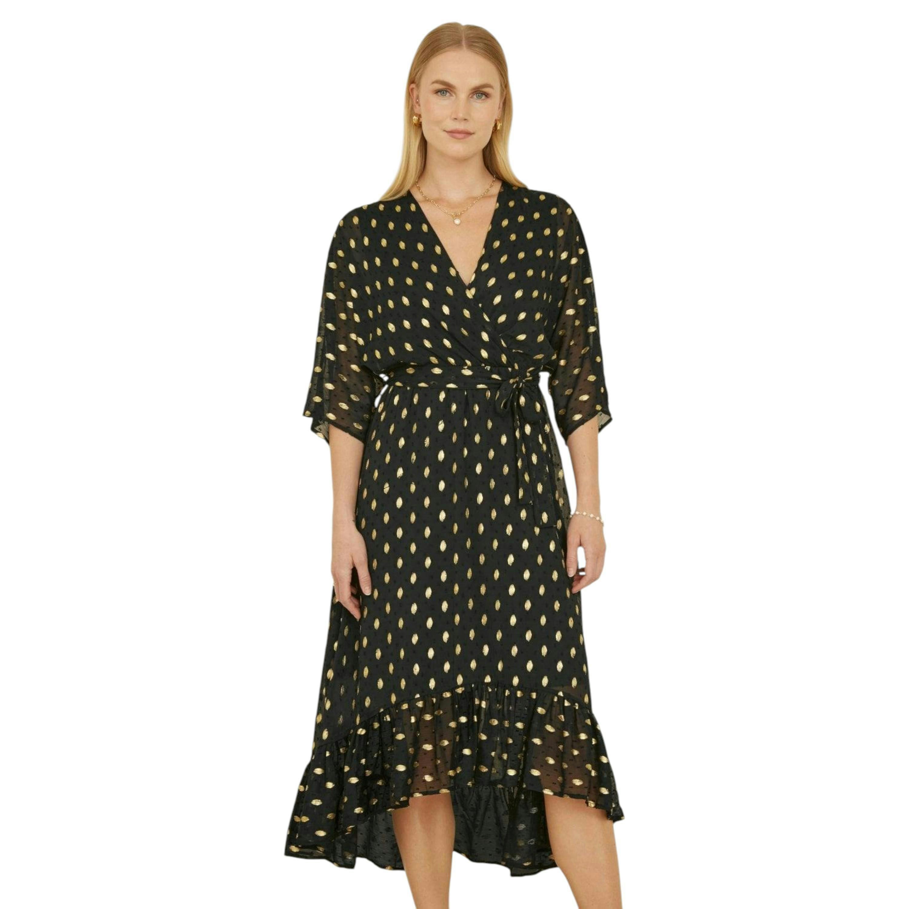 Yumi Black Foil Print Wrap Over Dip Hem Midi Dress , view 2 of 6