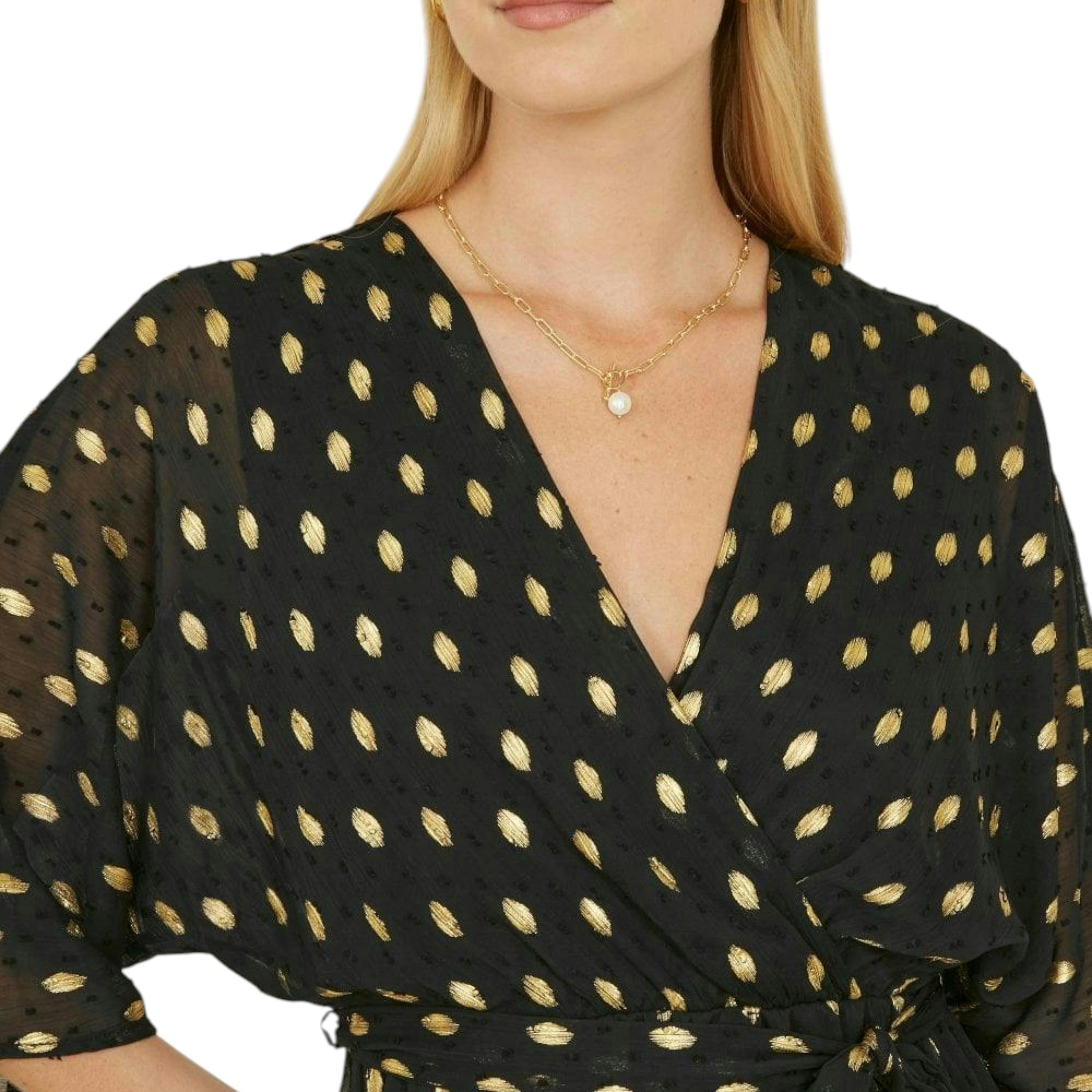 Yumi Black Foil Print Wrap Over Dip Hem Midi Dress , view 3 of 6