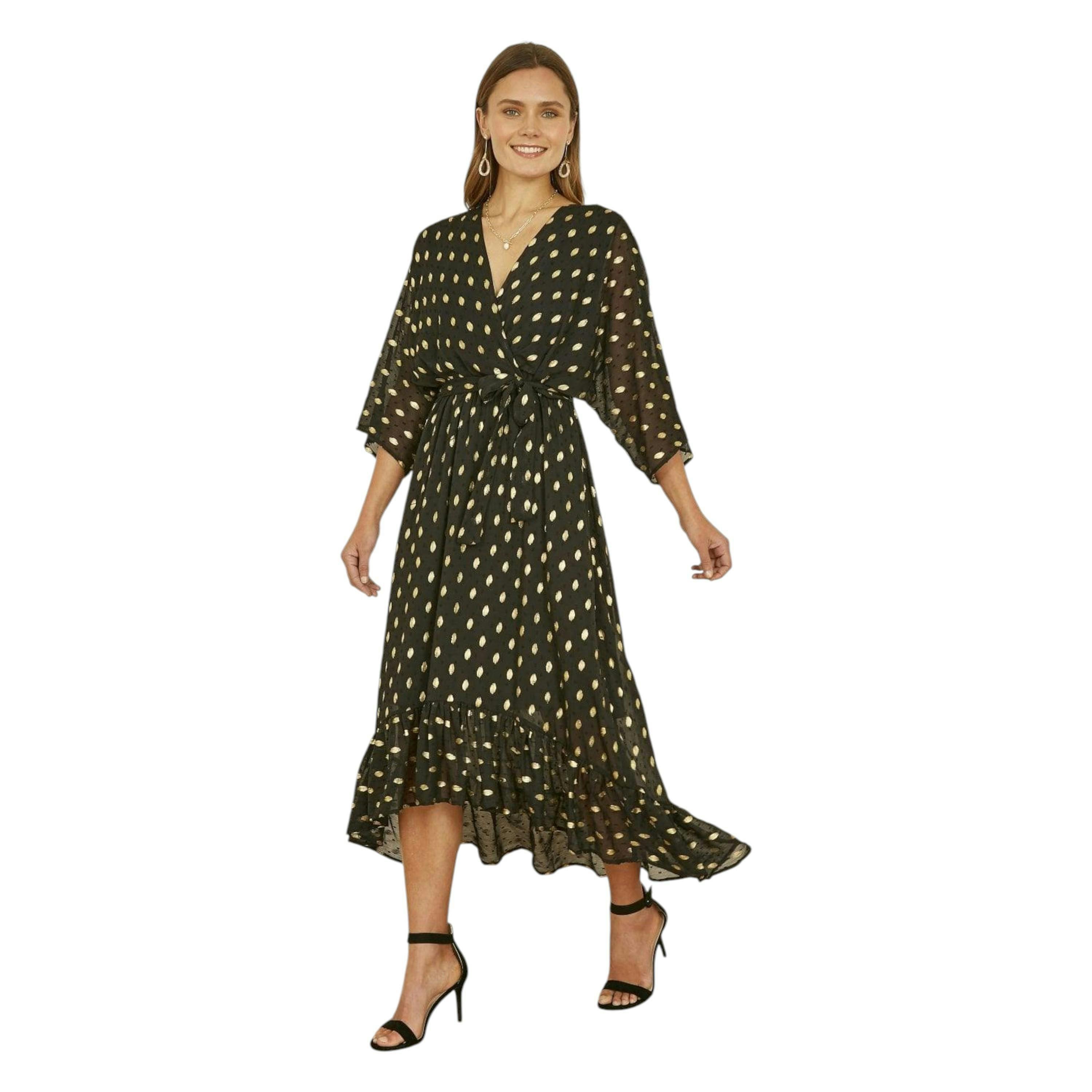 Yumi Black Foil Print Wrap Over Dip Hem Midi Dress , view 4 of 6