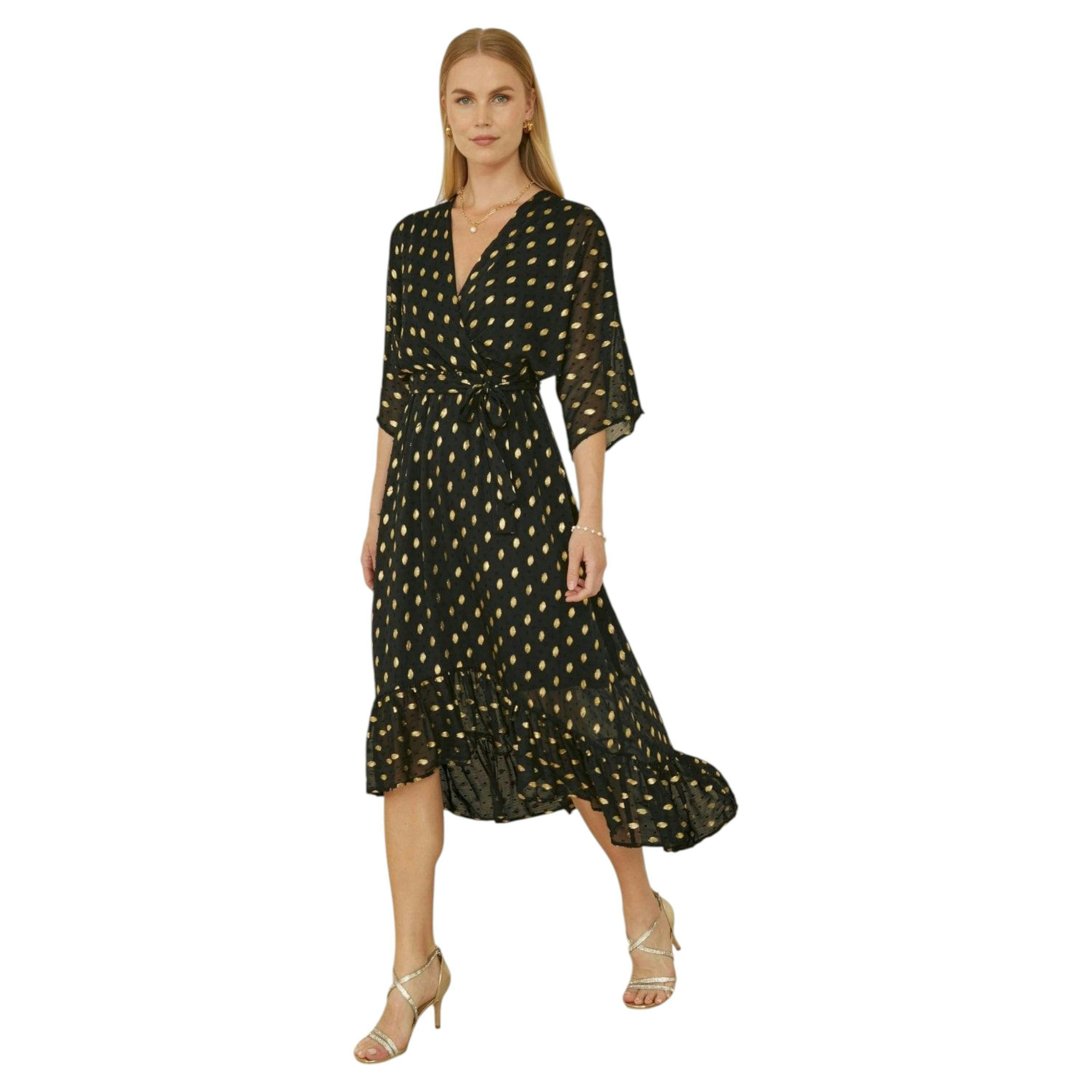 Yumi Black Foil Print Wrap Over Dip Hem Midi Dress , view 5 of 6