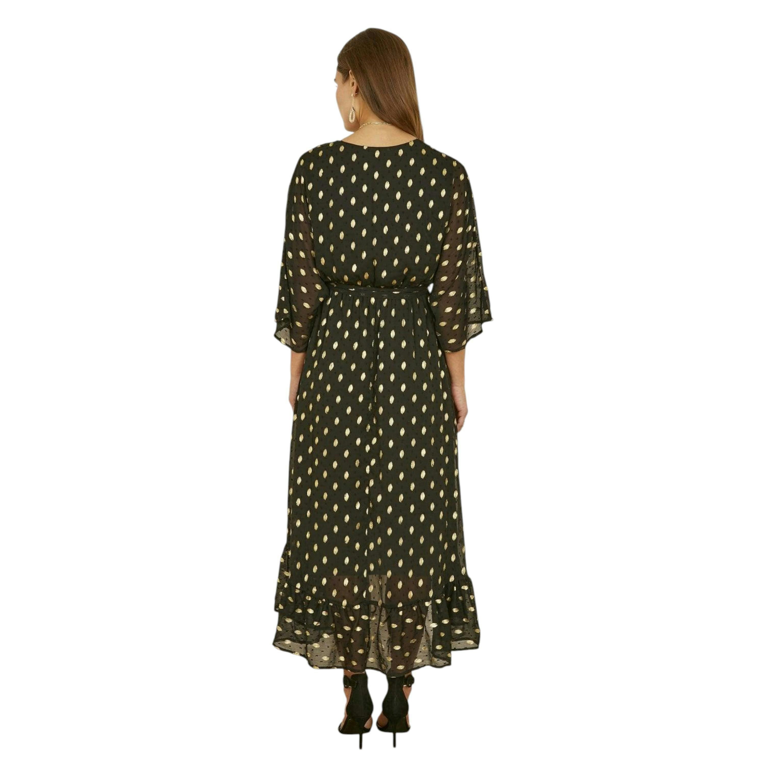 Yumi Black Foil Print Wrap Over Dip Hem Midi Dress , view 6 of 6