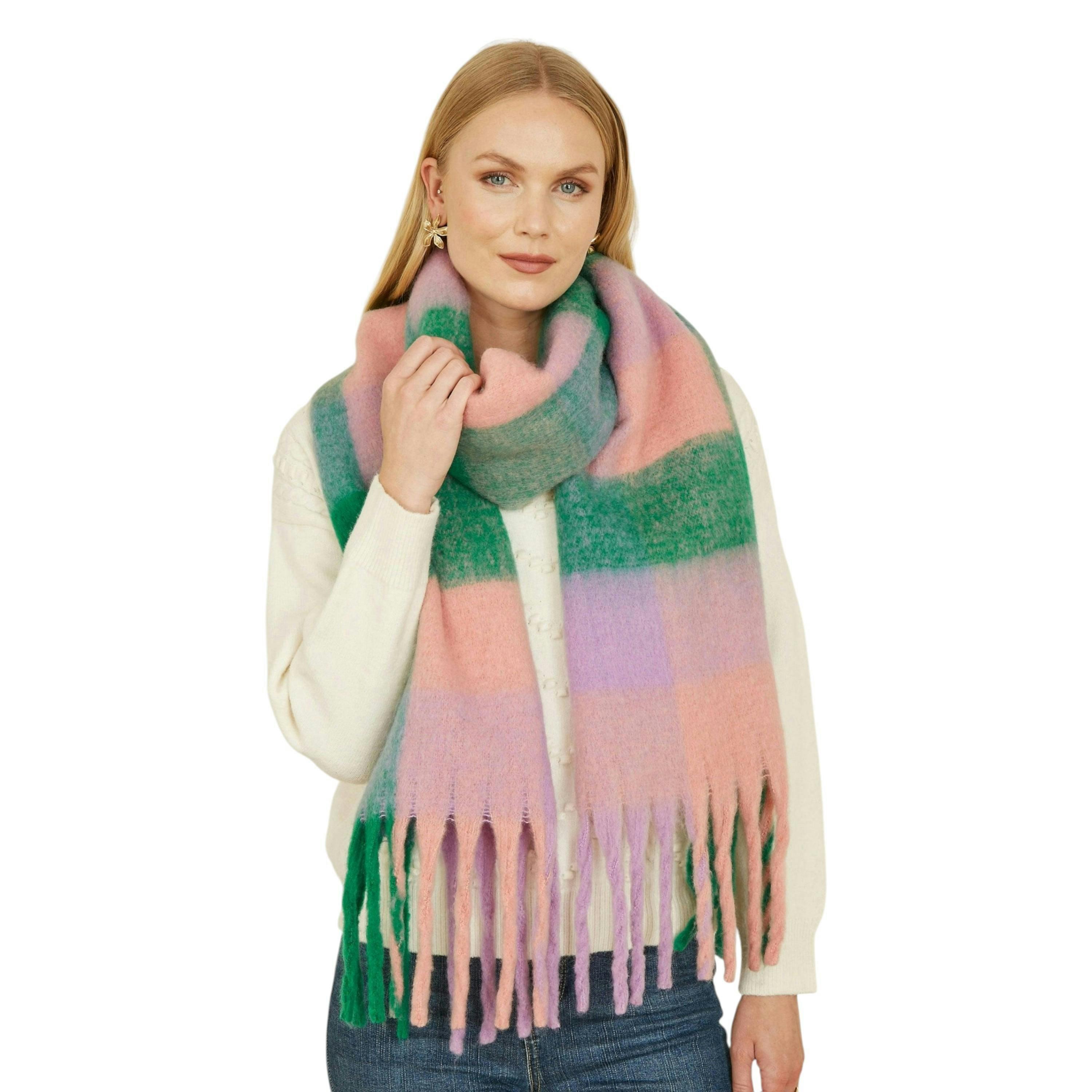Yumi Purple And Green Check Fluffy Scarf , view 1 of 2