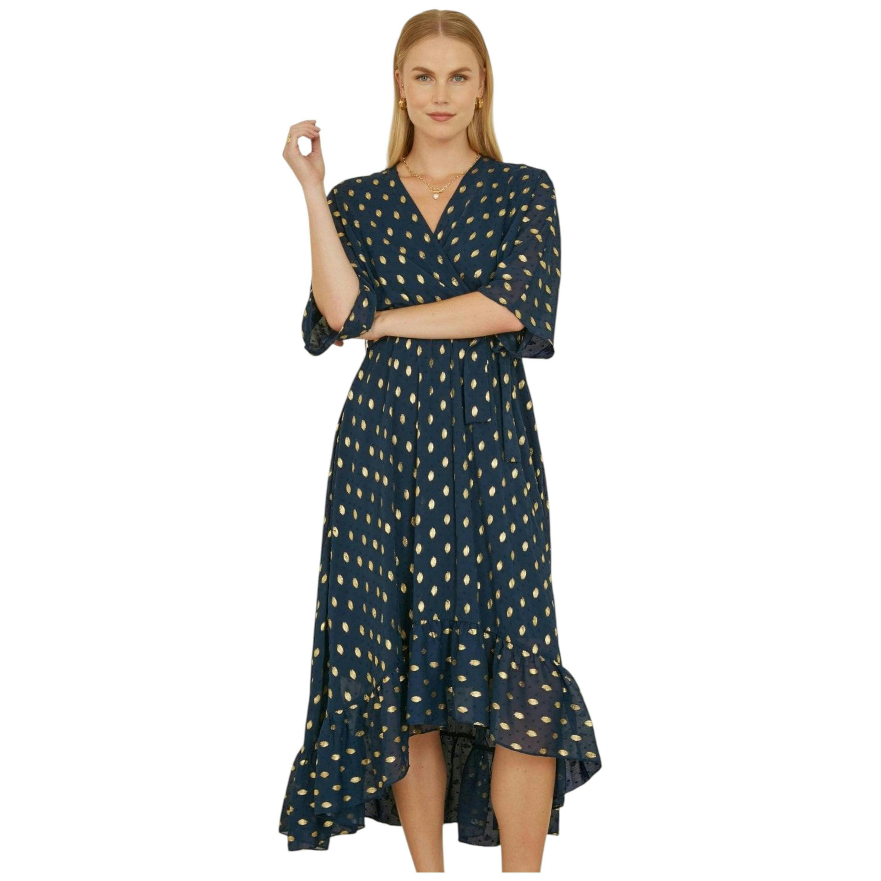 Yumi Navy Foil Print Wrap Over Dip Hem Midi Dress , view 2 of 6