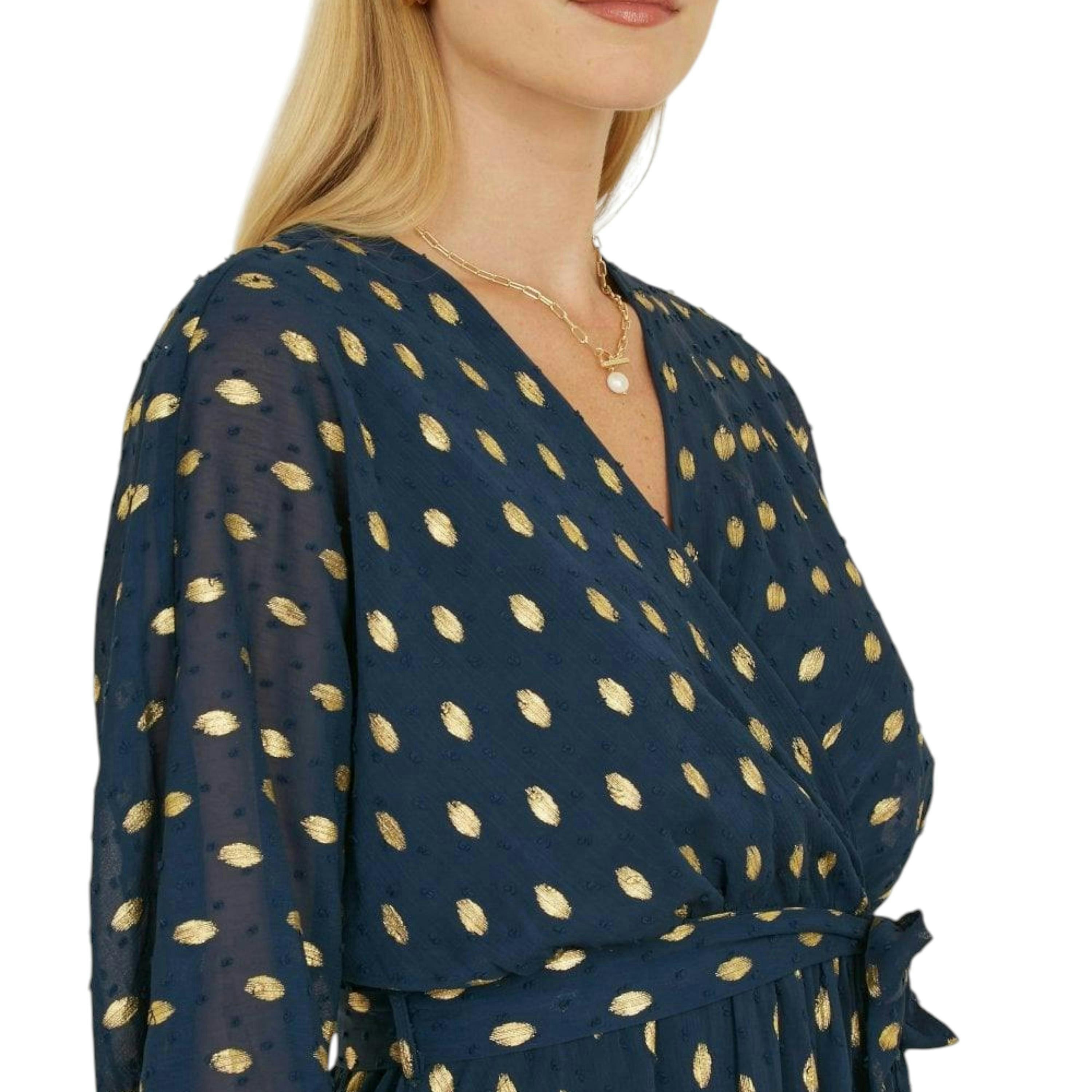 Yumi Navy Foil Print Wrap Over Dip Hem Midi Dress , view 3 of 6