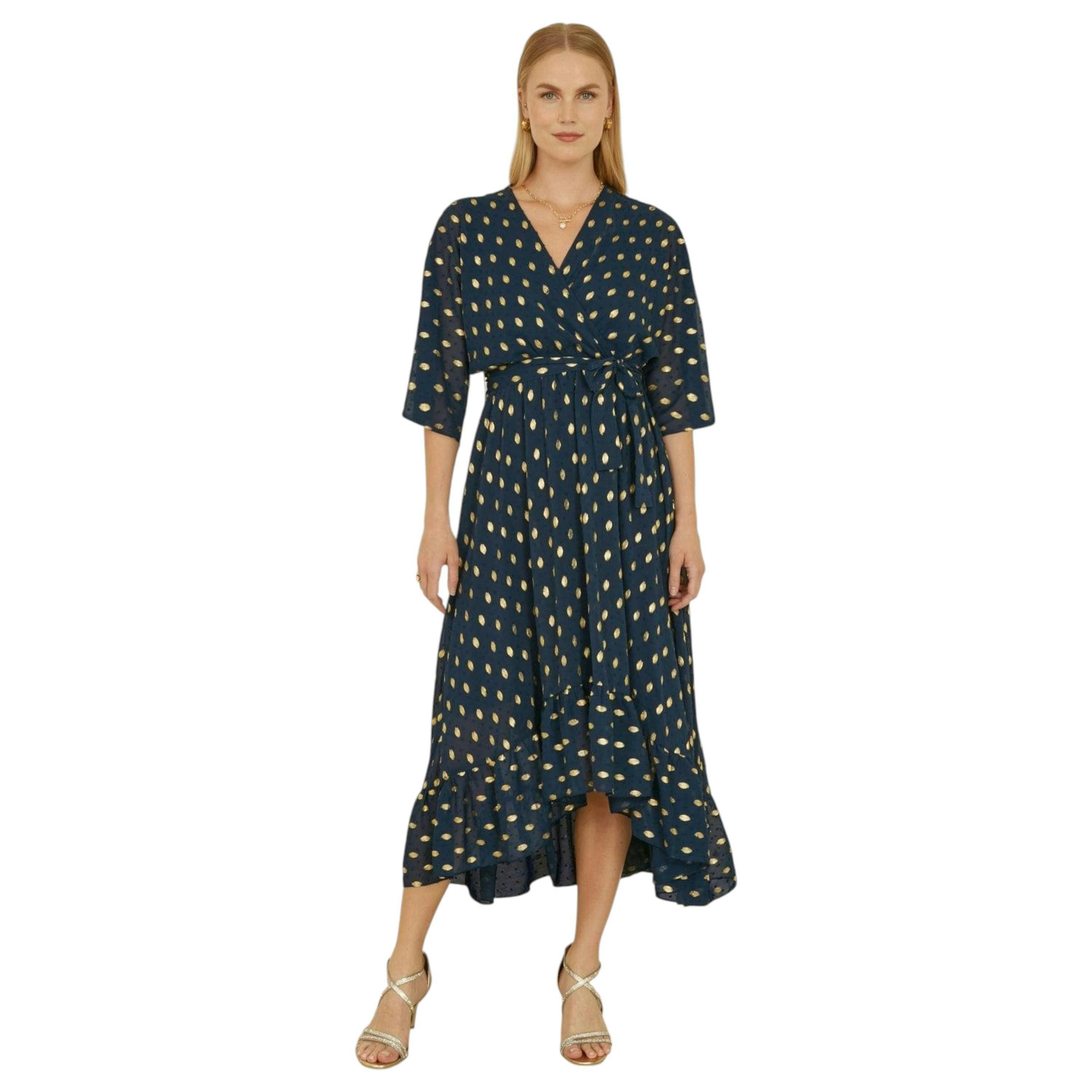 Yumi Navy Foil Print Wrap Over Dip Hem Midi Dress , view 4 of 6