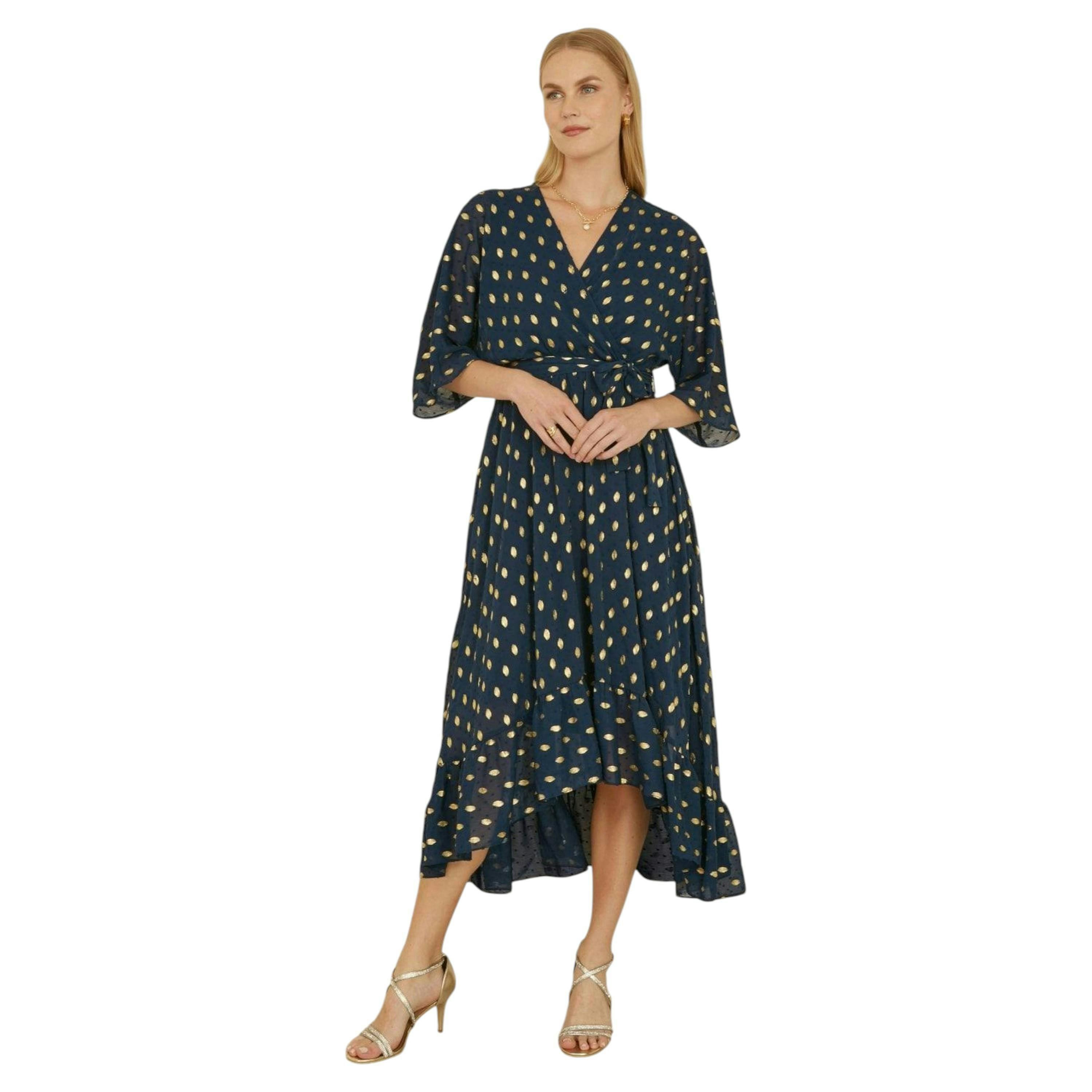 Yumi Navy Foil Print Wrap Over Dip Hem Midi Dress , view 5 of 6