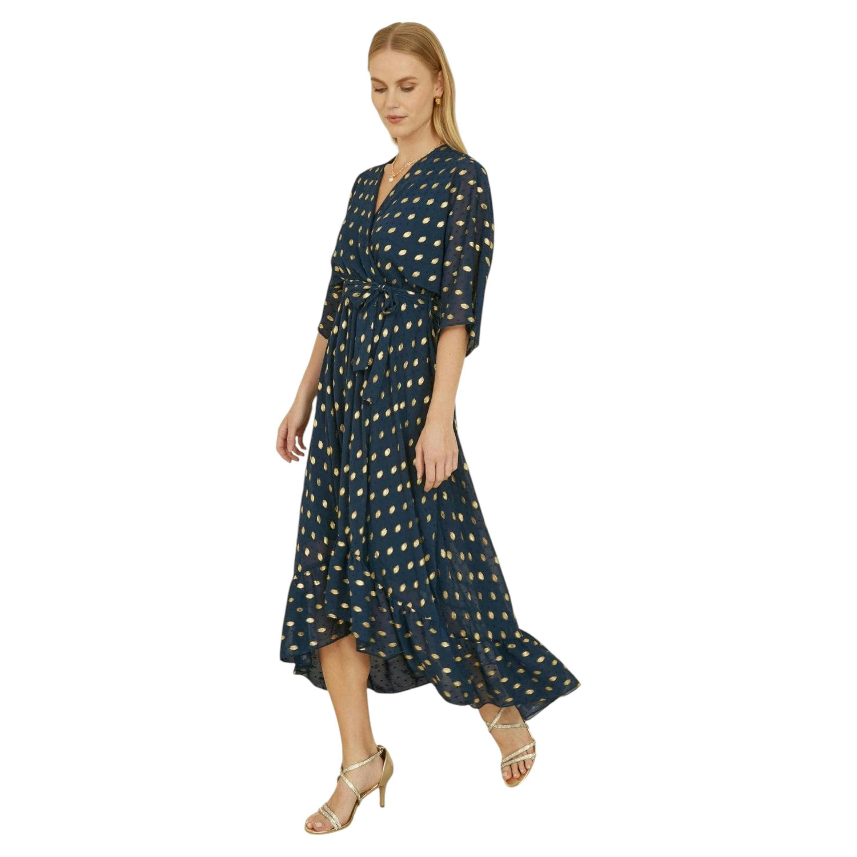 Yumi Navy Foil Print Wrap Over Dip Hem Midi Dress , view 6 of 6