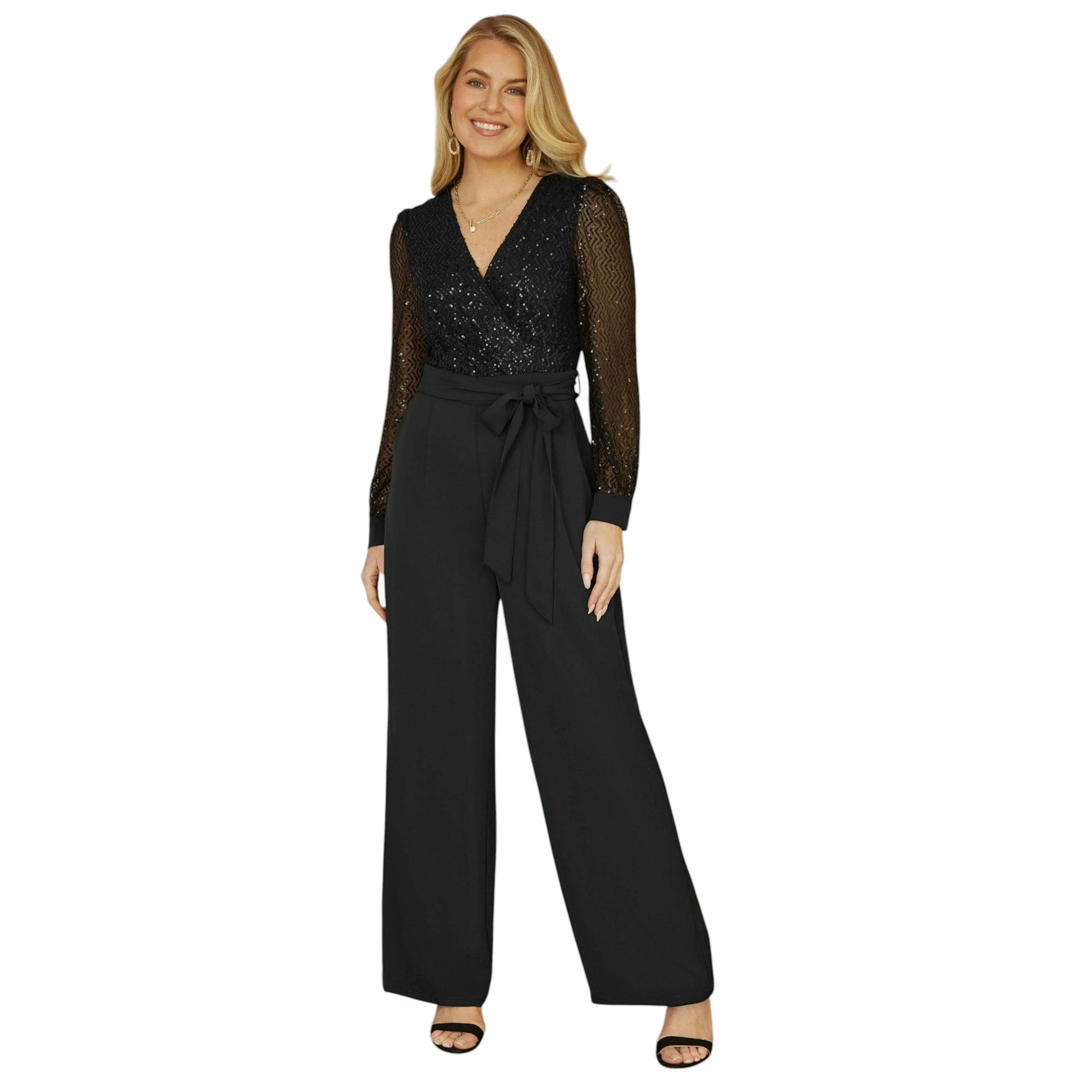 Yumi Black Sequin Jumpsuit With Long Sleeves , view 2 of 4