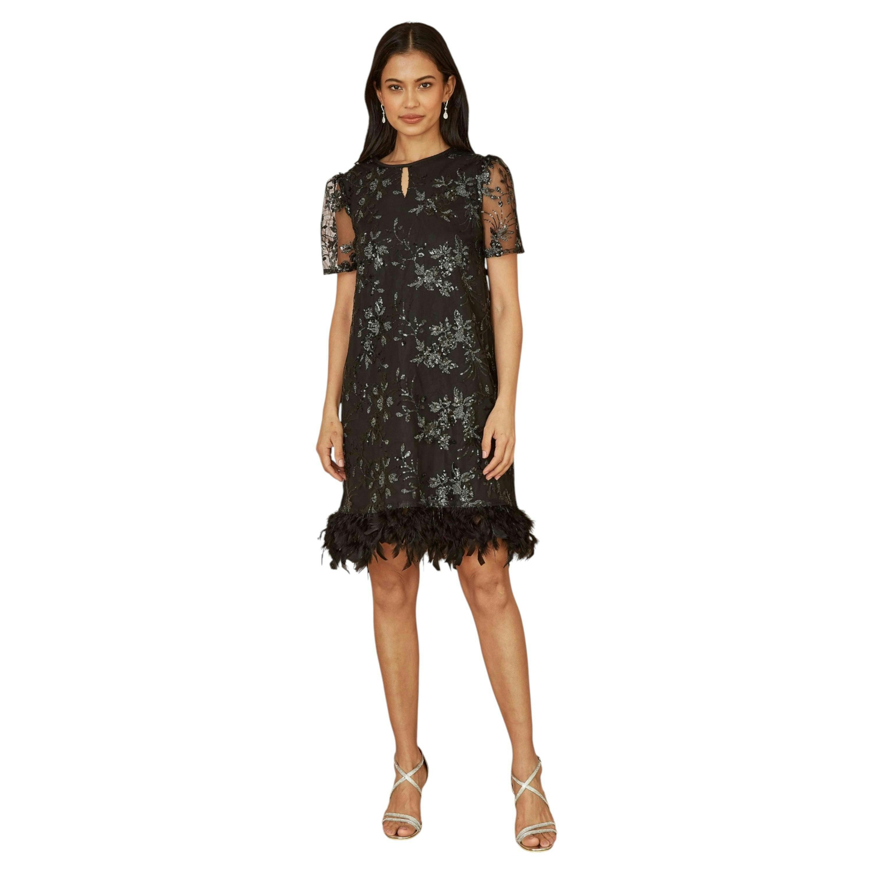 Yumi Black Sequin Embroidered Tunic Dress With Feather Trim Hemline , view 2 of 4