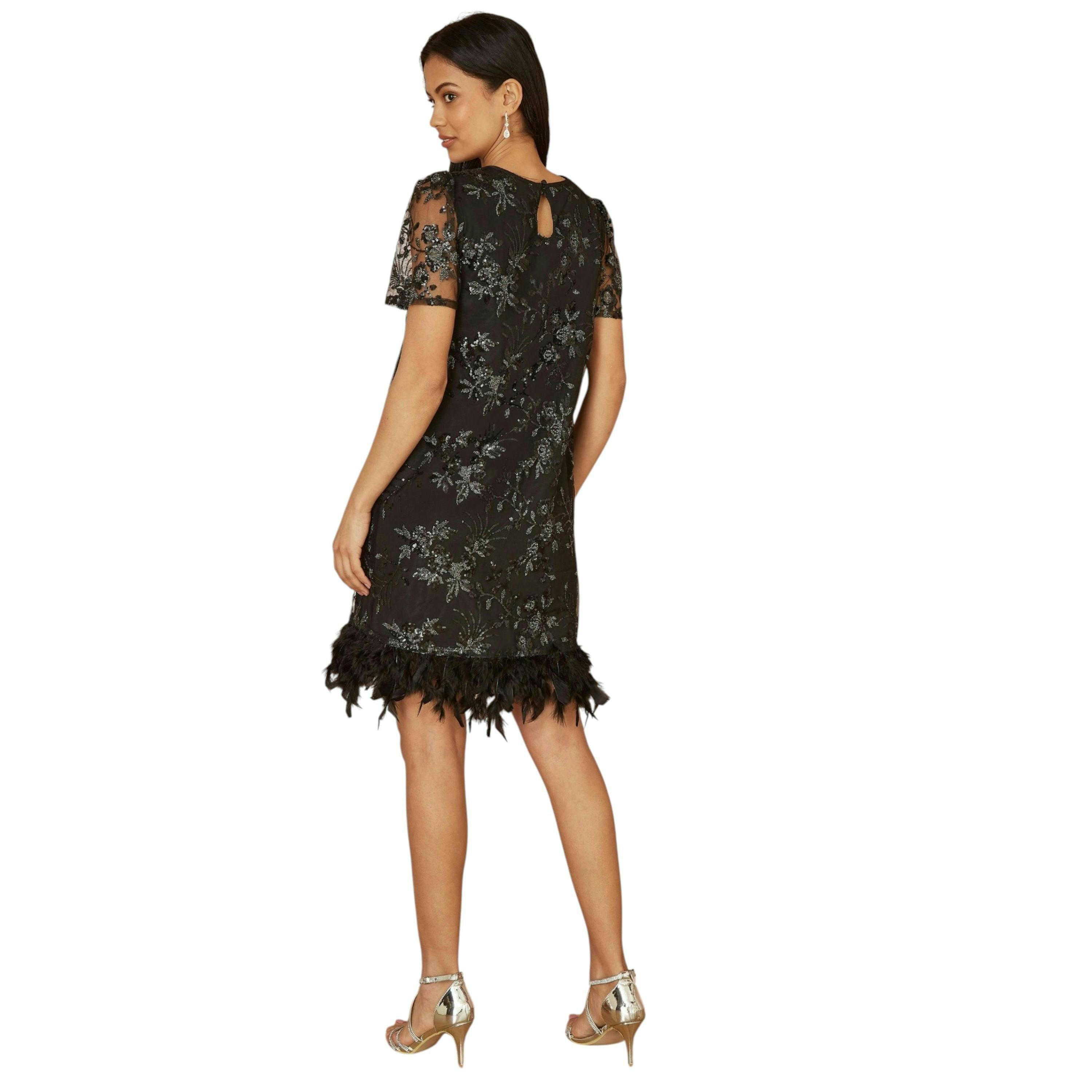 Yumi Black Sequin Embroidered Tunic Dress With Feather Trim Hemline , view 3 of 4