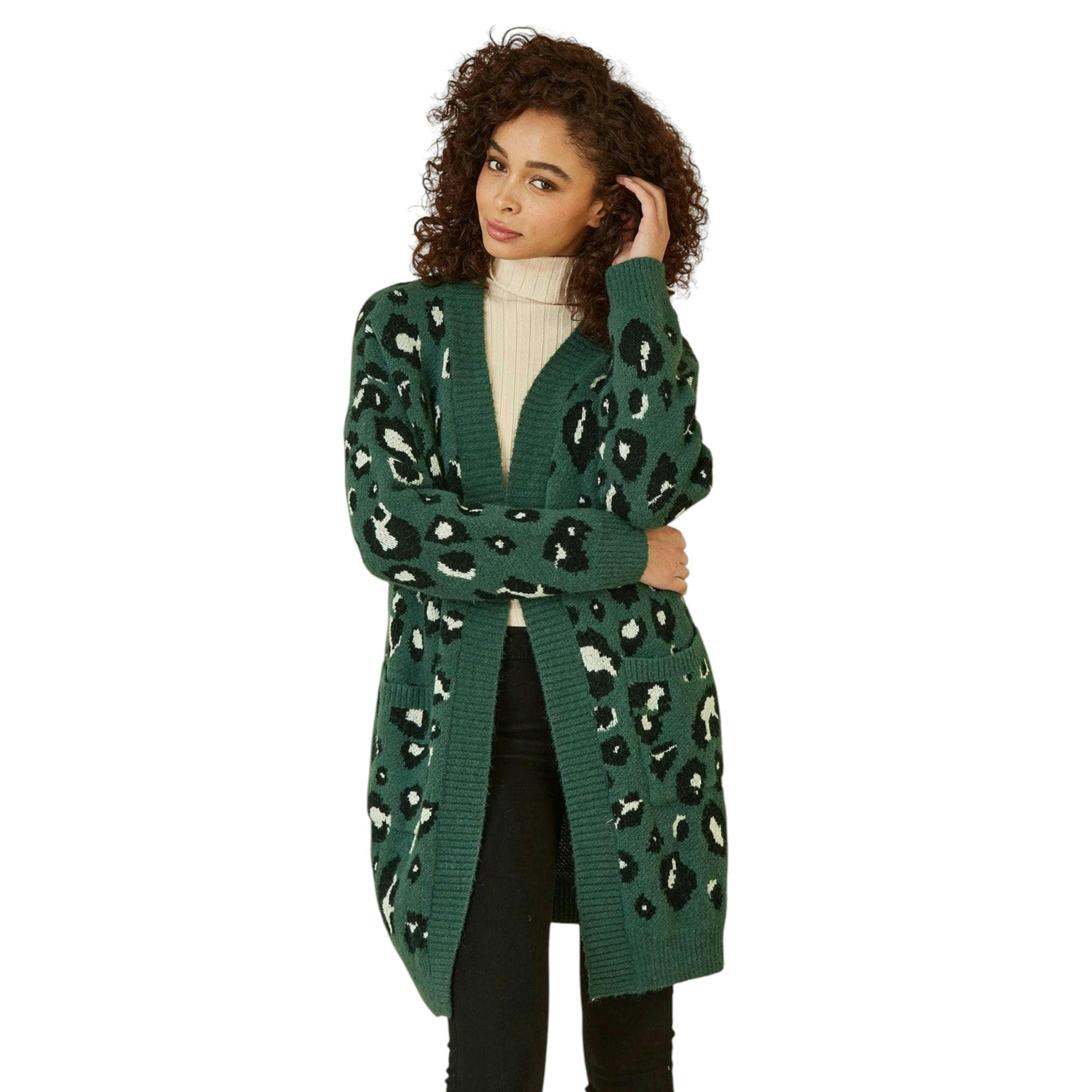 Yumi Green Animal Intarsia Long Cardigan , view 2 of 5