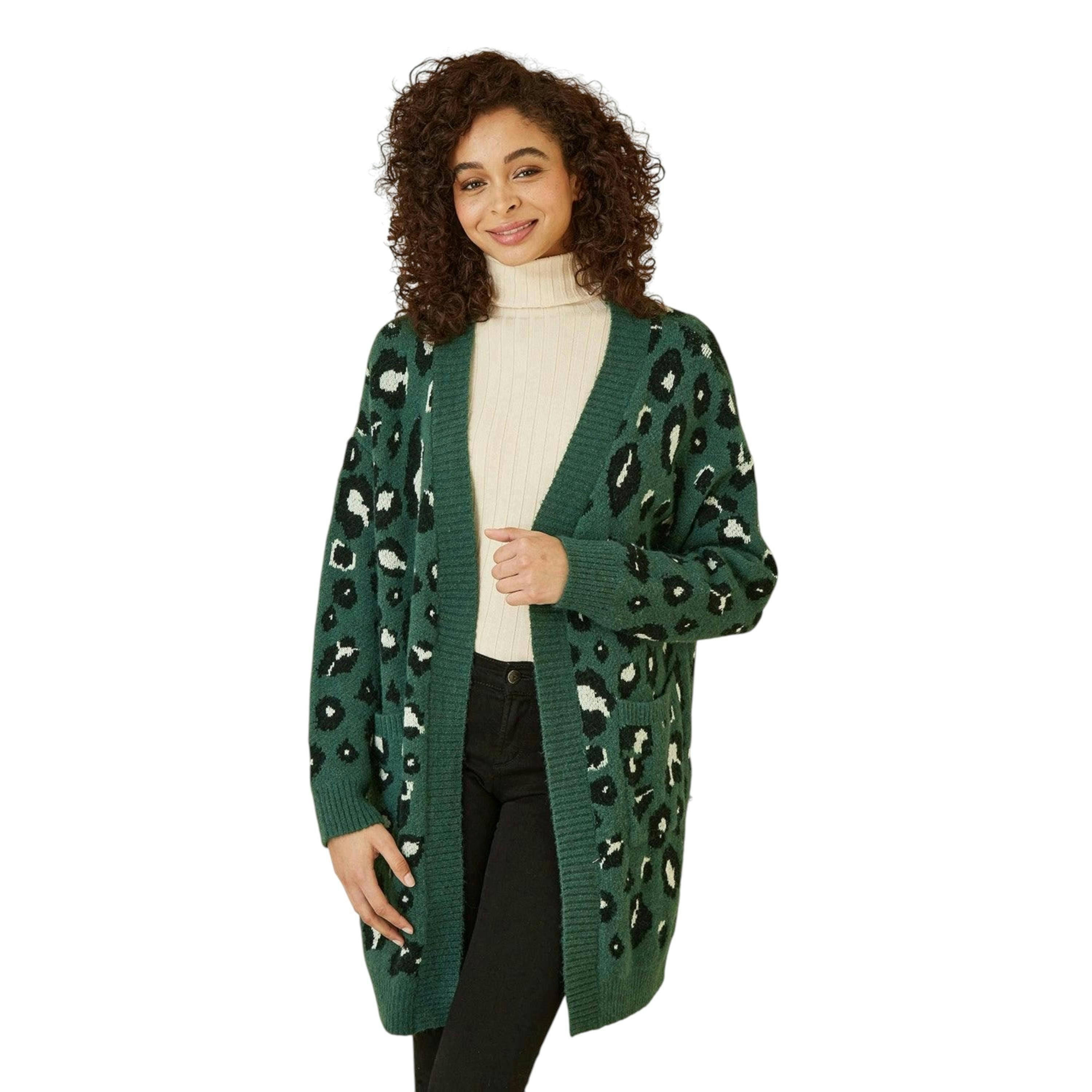 Yumi Green Animal Intarsia Long Cardigan , view 3 of 5