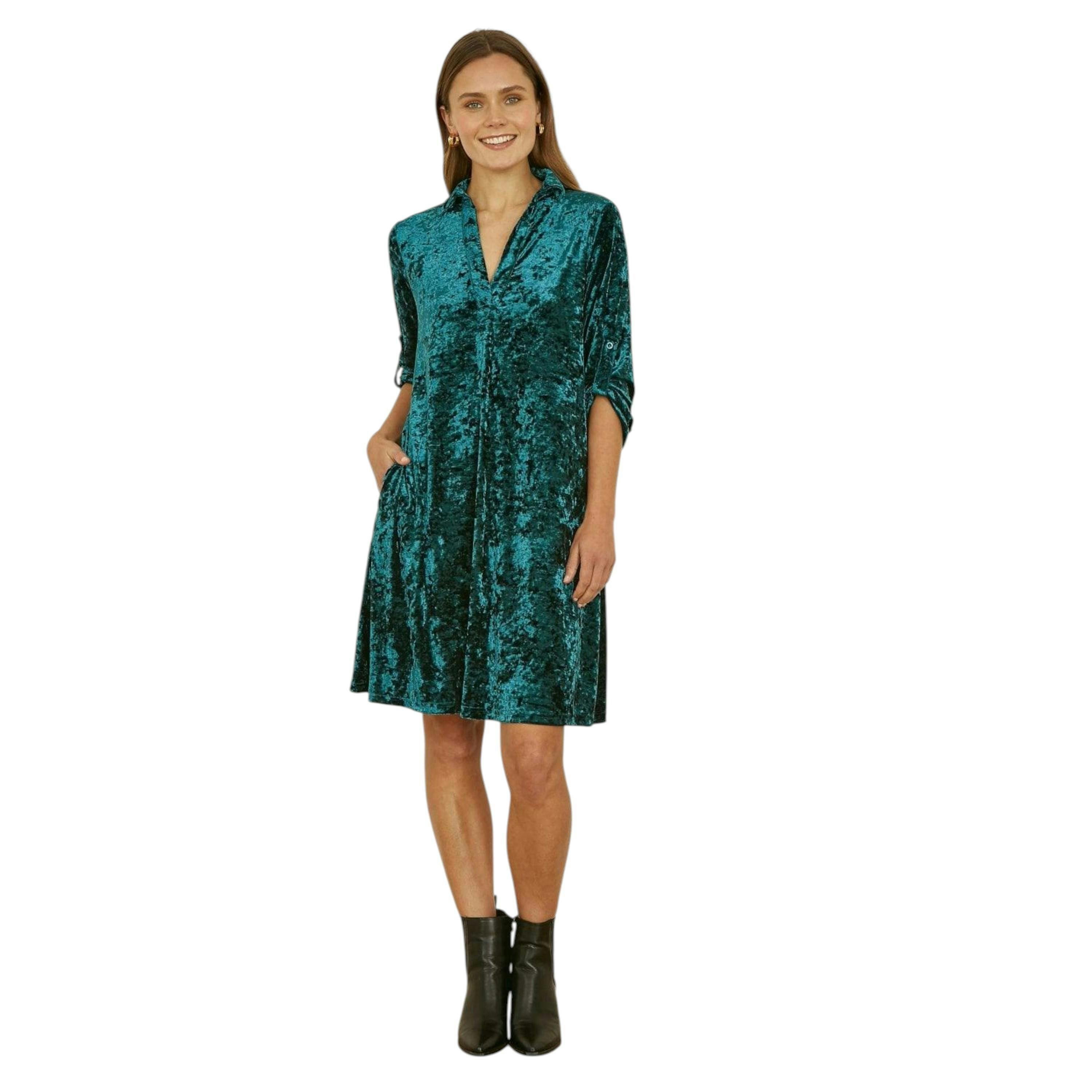 Yumi Green Velvet Tunic Dress With 3/4 Sleeves , view 2 of 5